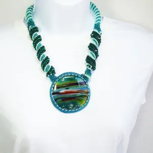 Becca. Cabochon Pendant, Melted Glass, Seed Bead Spiral Necklace