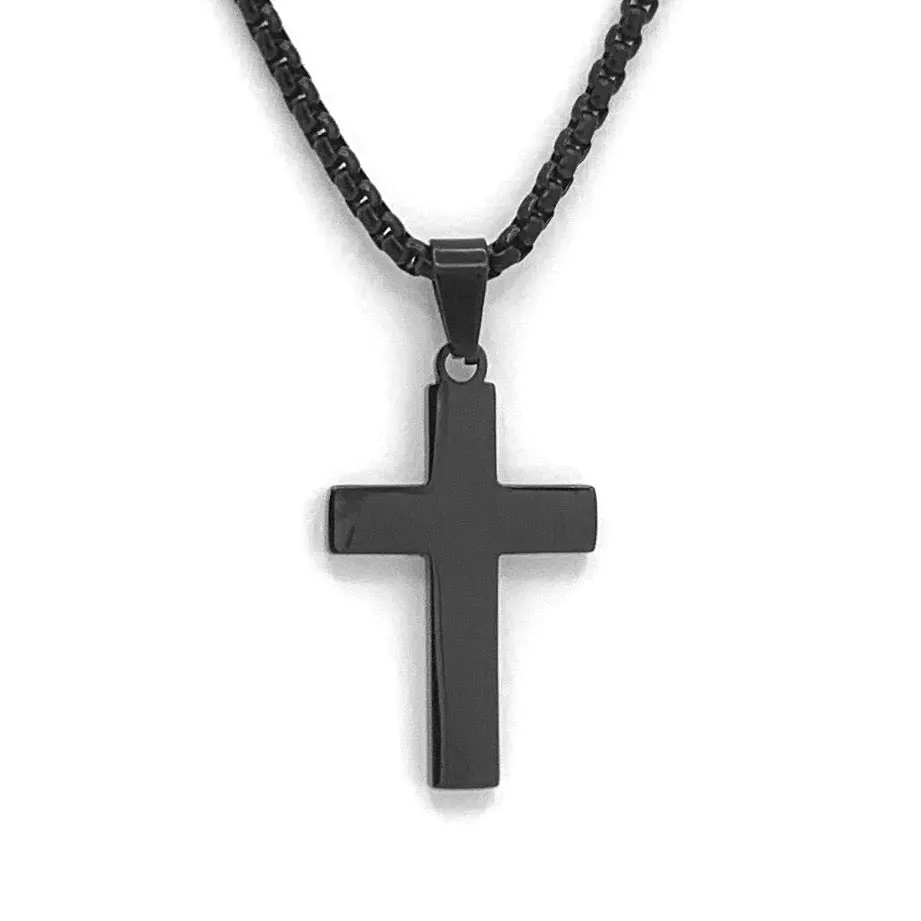 Black Reversible Stainless Steel Small Cross Pendant with a Crushed Turquoise Inlay