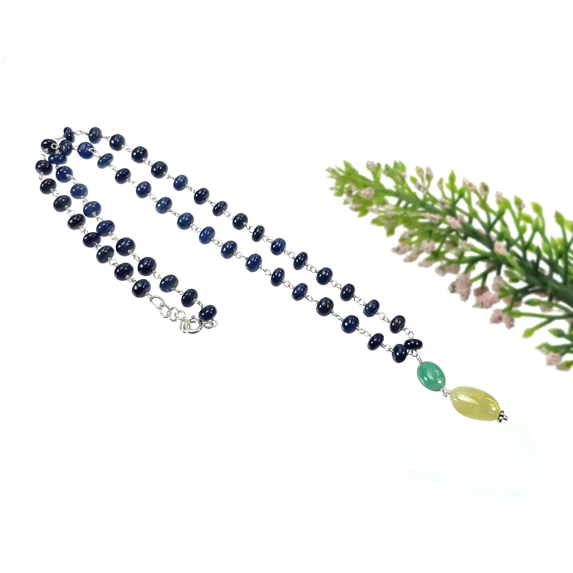 Blue SAPPHIRE EMERALD & Cat's Eye Gemstone NECKLACE : 109.40cts Natural Plain Beads Sapphire With 925 Sterling Silver 6mm - 14*8.5mm 22"