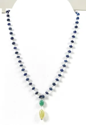 Blue SAPPHIRE EMERALD & Cat's Eye Gemstone NECKLACE : 109.40cts Natural Plain Beads Sapphire With 925 Sterling Silver 6mm - 14*8.5mm 22"