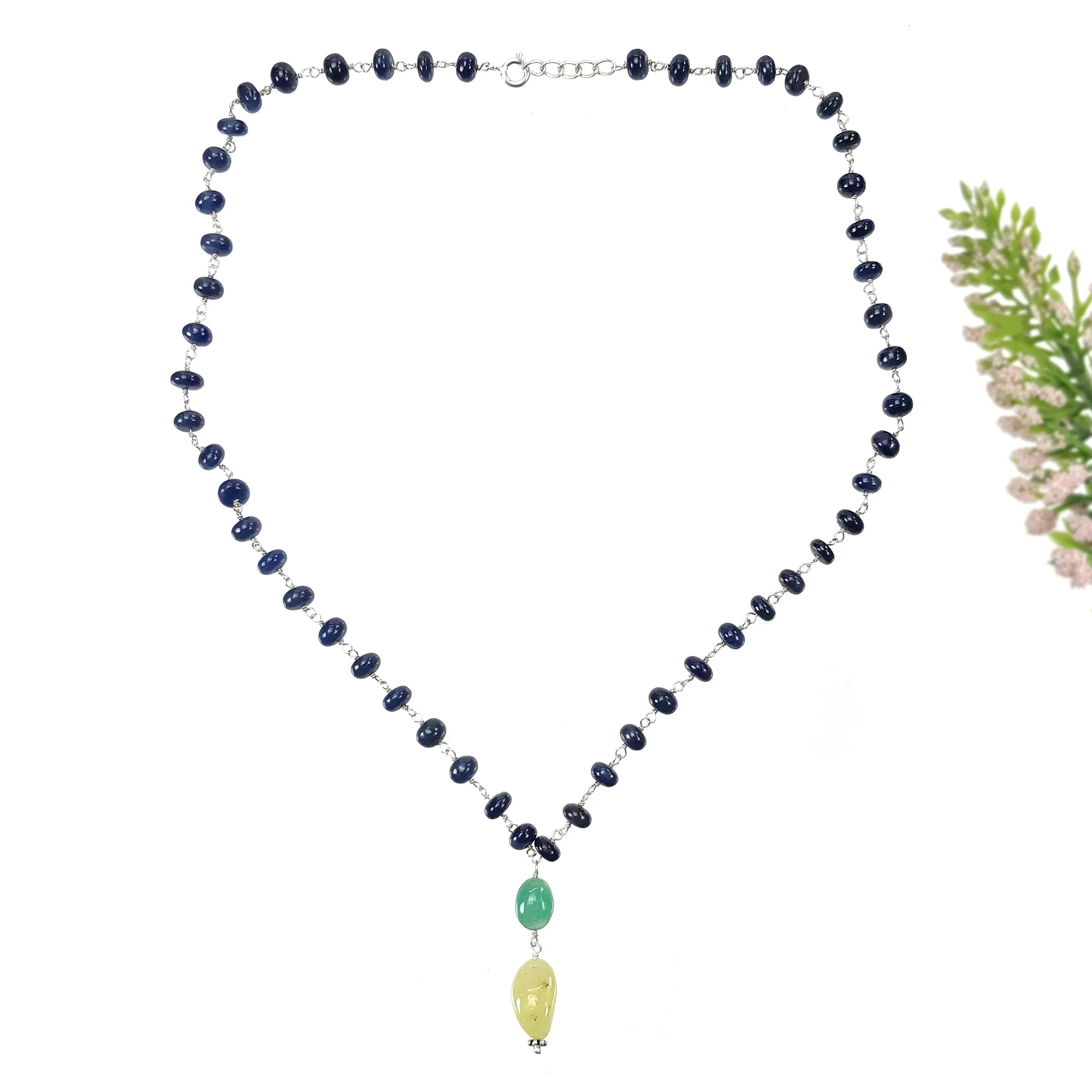 Blue SAPPHIRE EMERALD & Cat's Eye Gemstone NECKLACE : 109.40cts Natural Plain Beads Sapphire With 925 Sterling Silver 6mm - 14*8.5mm 22"