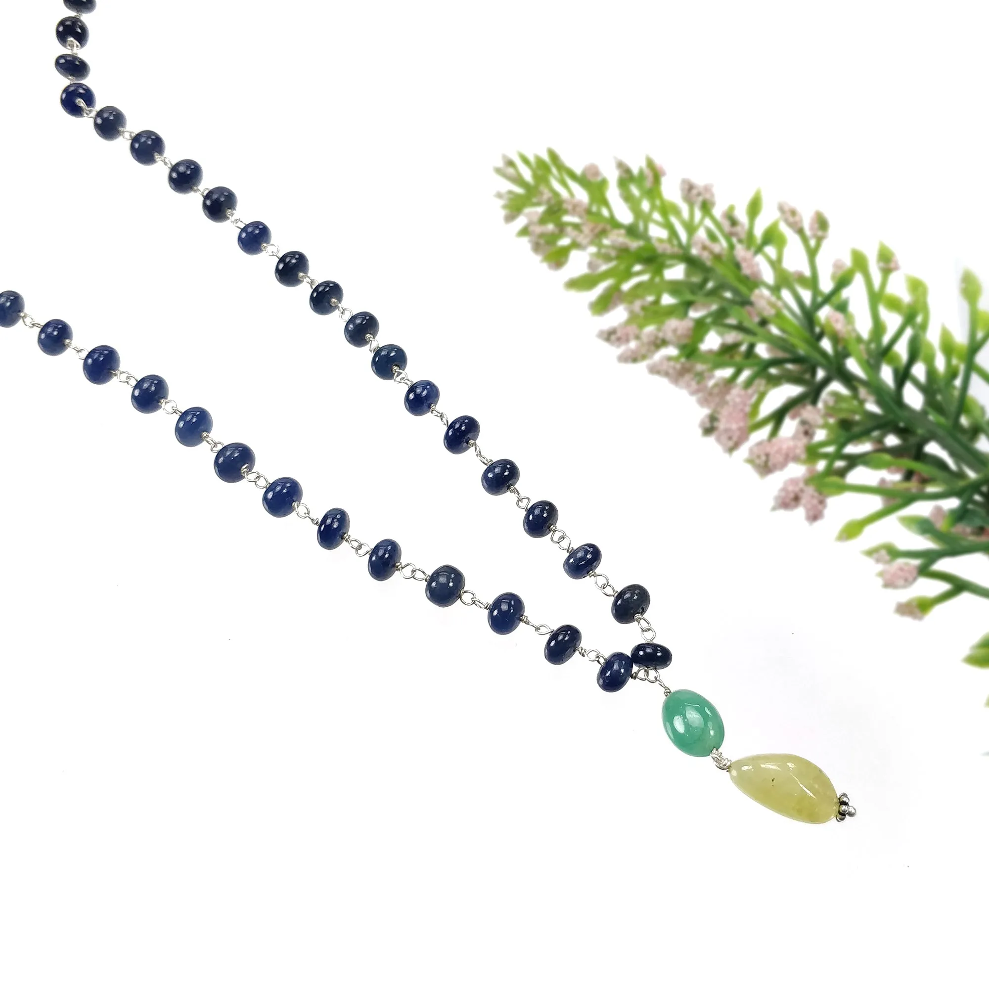 Blue SAPPHIRE EMERALD & Cat's Eye Gemstone NECKLACE : 109.40cts Natural Plain Beads Sapphire With 925 Sterling Silver 6mm - 14*8.5mm 22"