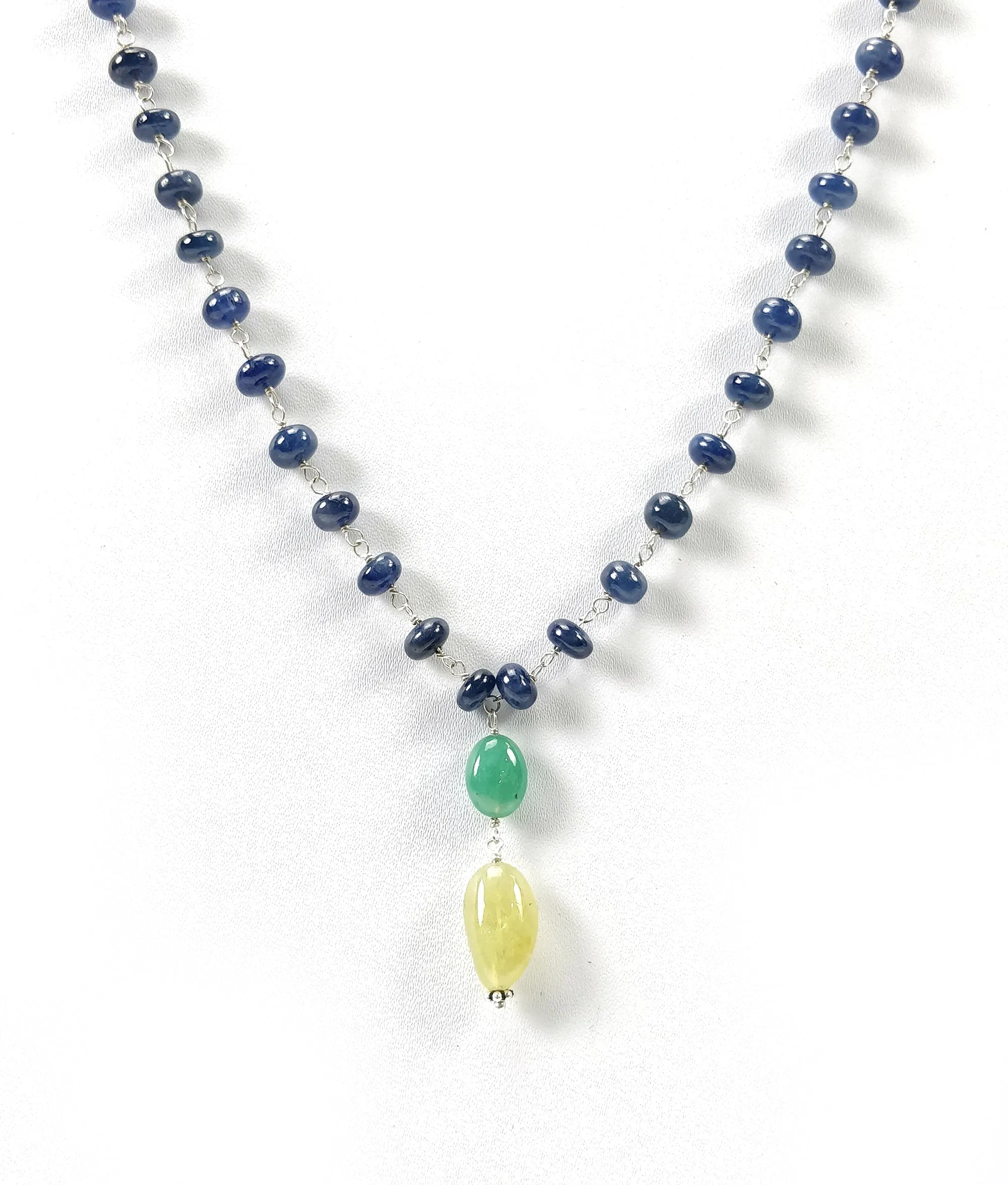 Blue SAPPHIRE EMERALD & Cat's Eye Gemstone NECKLACE : 109.40cts Natural Plain Beads Sapphire With 925 Sterling Silver 6mm - 14*8.5mm 22"