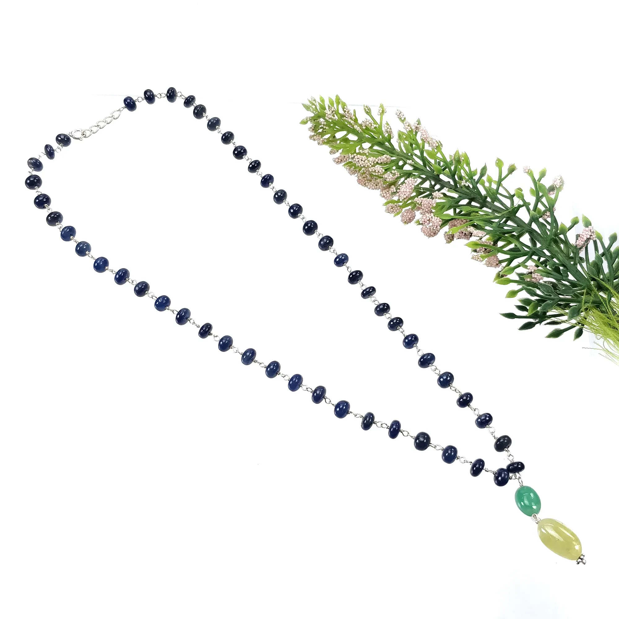 Blue SAPPHIRE EMERALD & Cat's Eye Gemstone NECKLACE : 109.40cts Natural Plain Beads Sapphire With 925 Sterling Silver 6mm - 14*8.5mm 22"