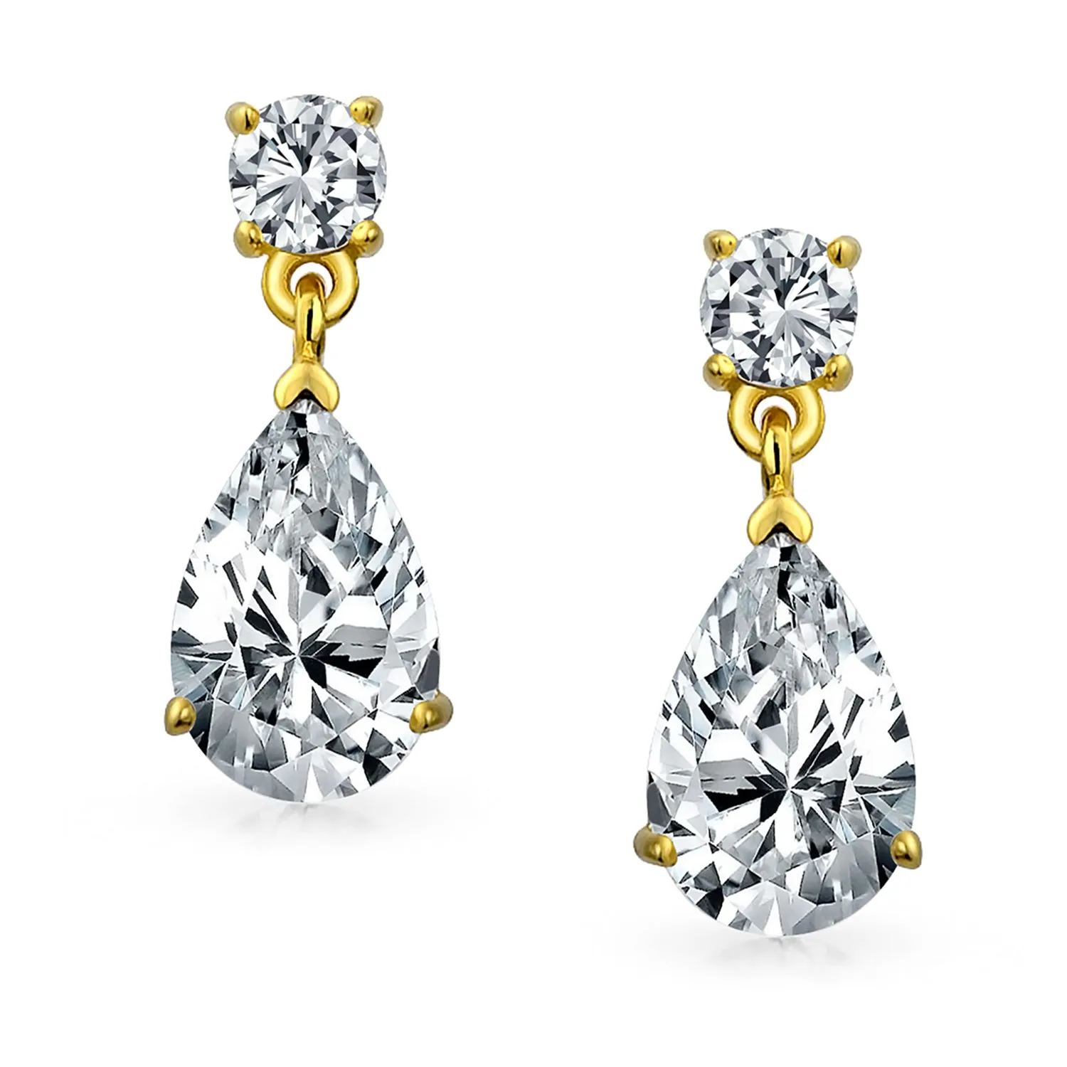 Bridal AAA CZ Teardrop Drop Earring Gold Plated Sterling Silver 12MM