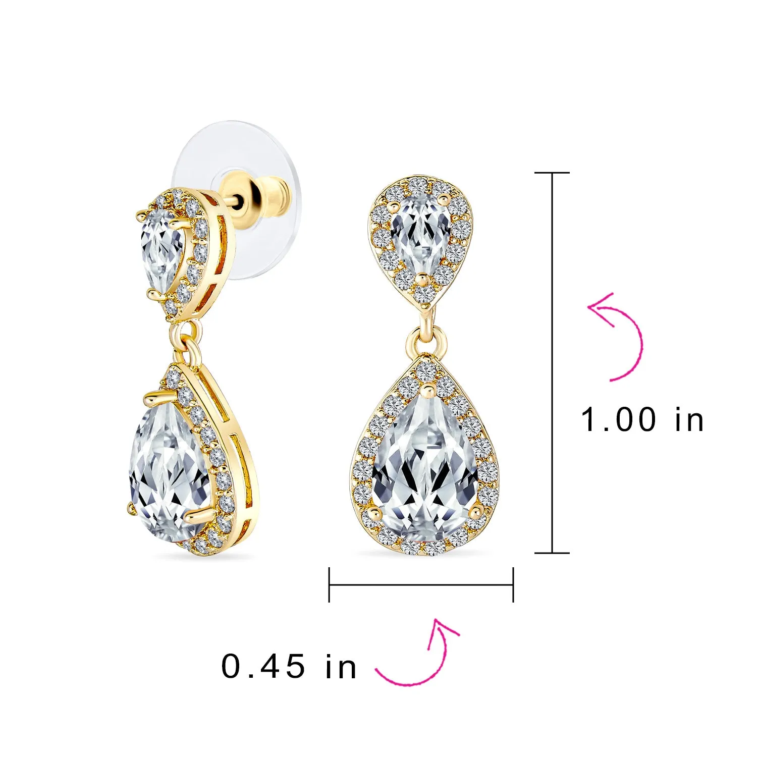 Bridal AAA CZ Teardrop Drop Earring Gold Plated Sterling Silver 12MM