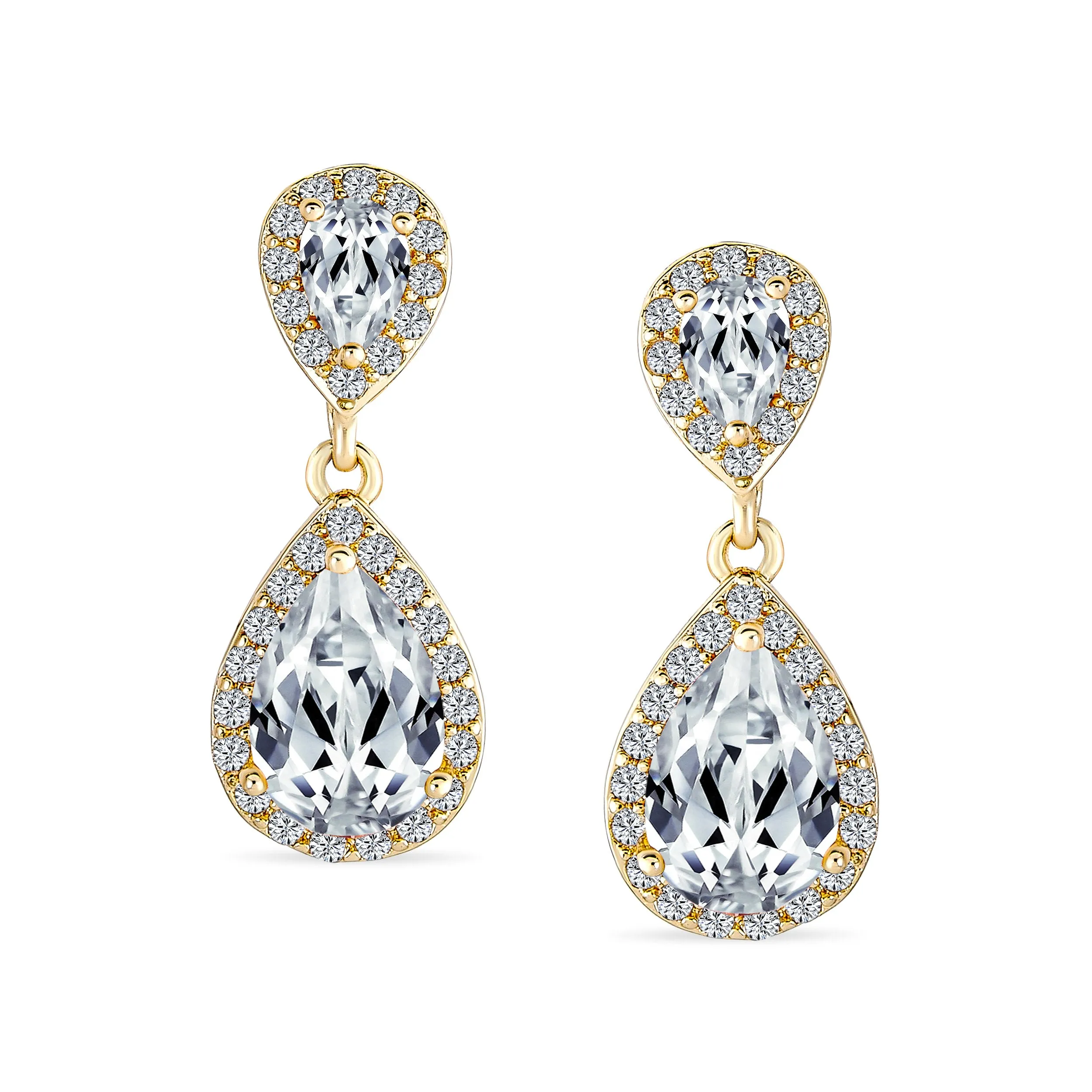 Bridal AAA CZ Teardrop Drop Earring Gold Plated Sterling Silver 12MM