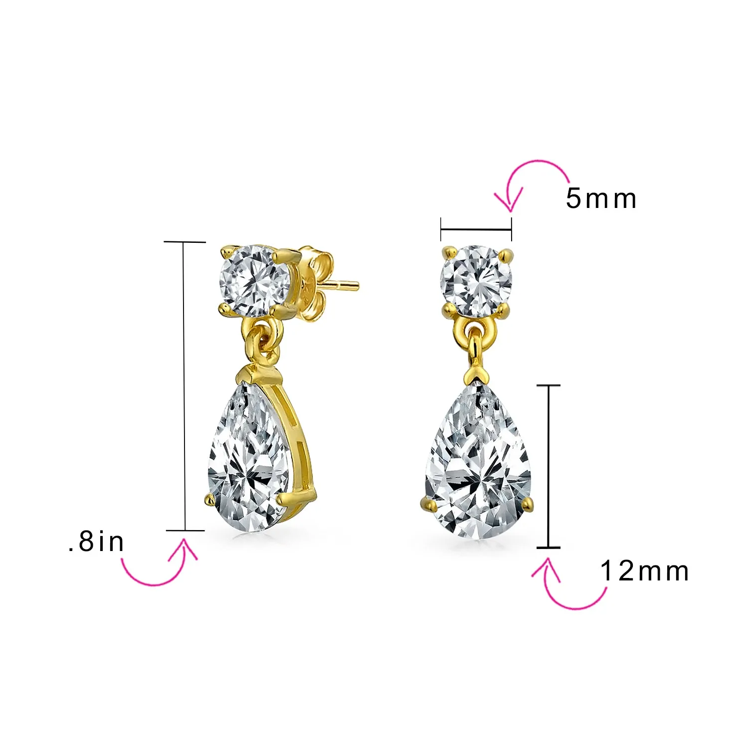 Bridal AAA CZ Teardrop Drop Earring Gold Plated Sterling Silver 12MM