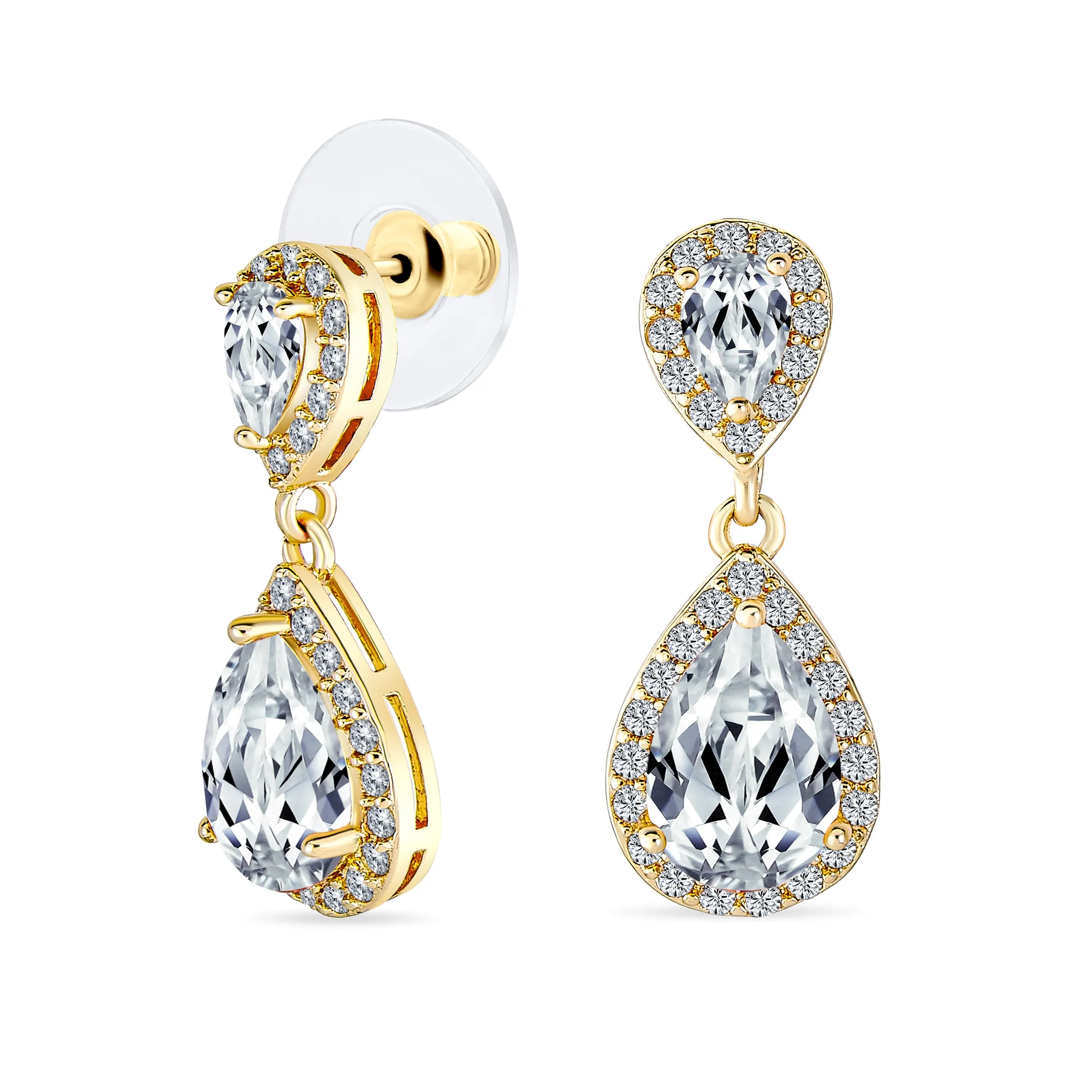 Bridal AAA CZ Teardrop Drop Earring Gold Plated Sterling Silver 12MM