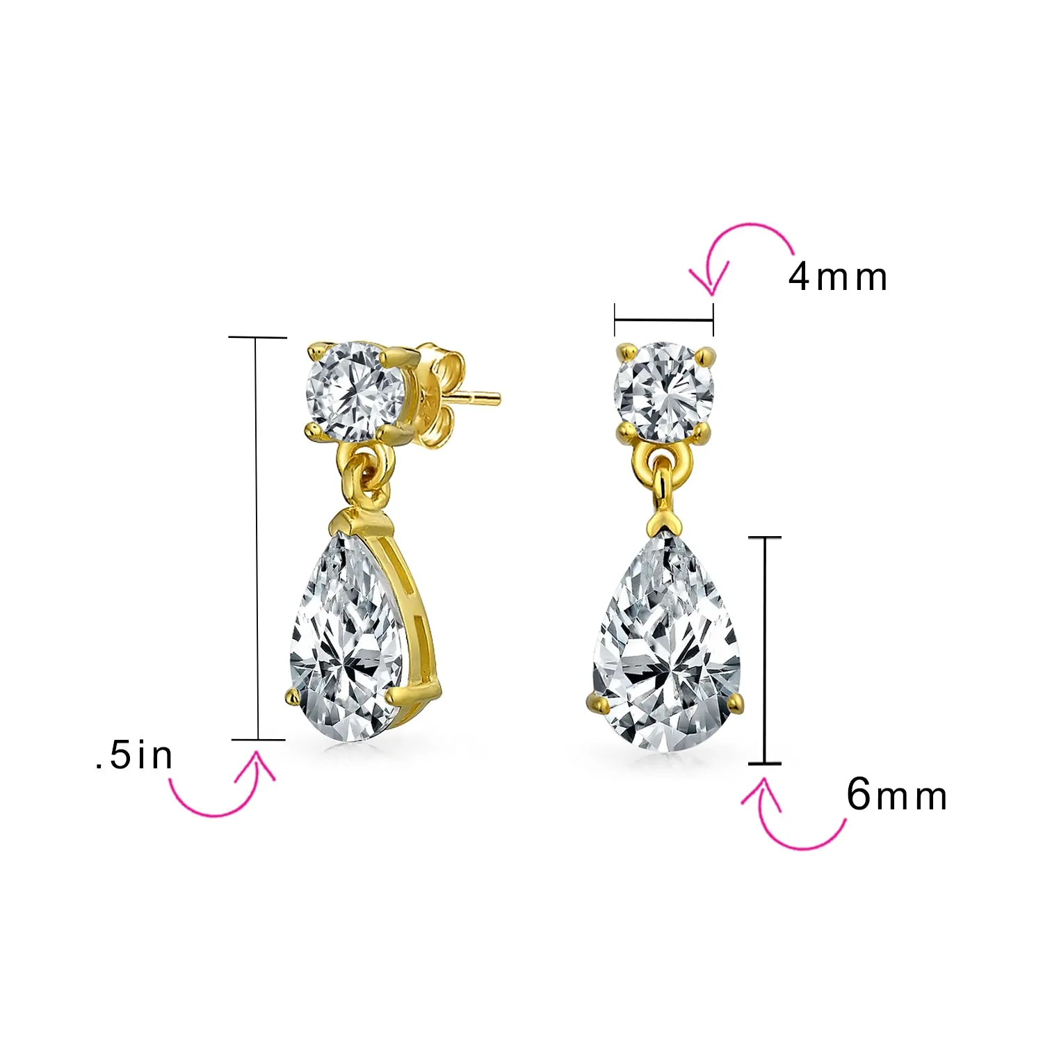 Bridal AAA CZ Teardrop Drop Earring Gold Plated Sterling Silver 12MM