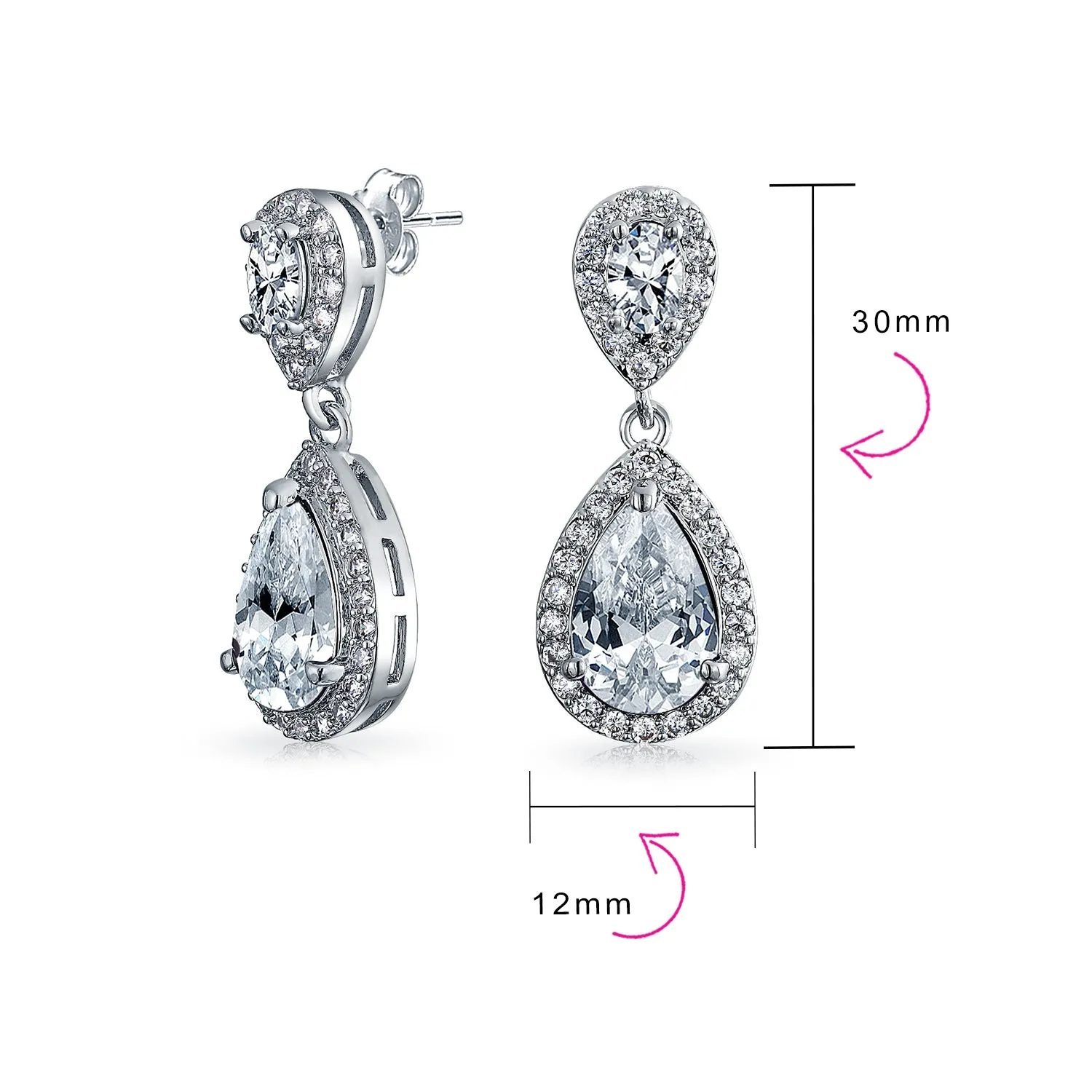 Bridal AAA CZ Teardrop Drop Earring Gold Plated Sterling Silver 12MM