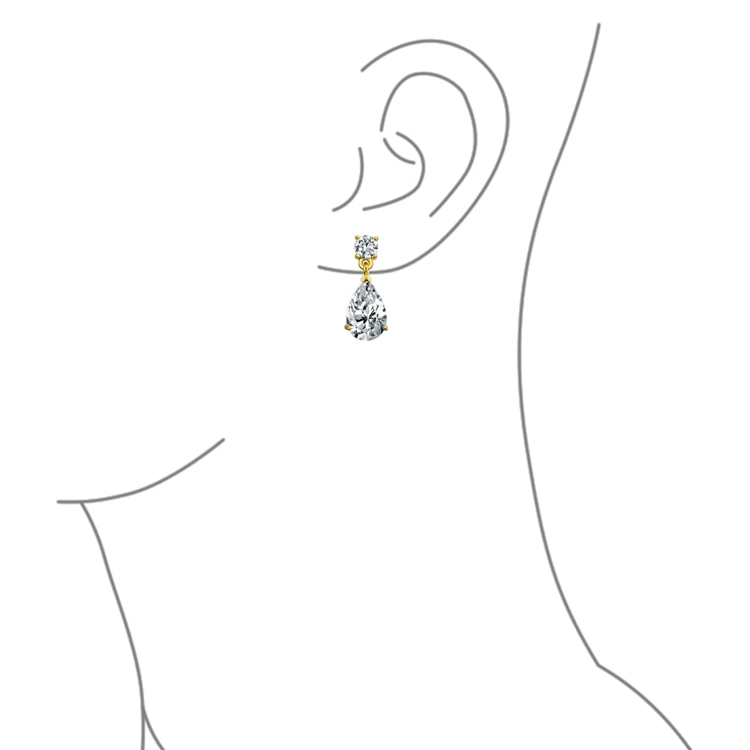 Bridal AAA CZ Teardrop Drop Earring Gold Plated Sterling Silver 12MM