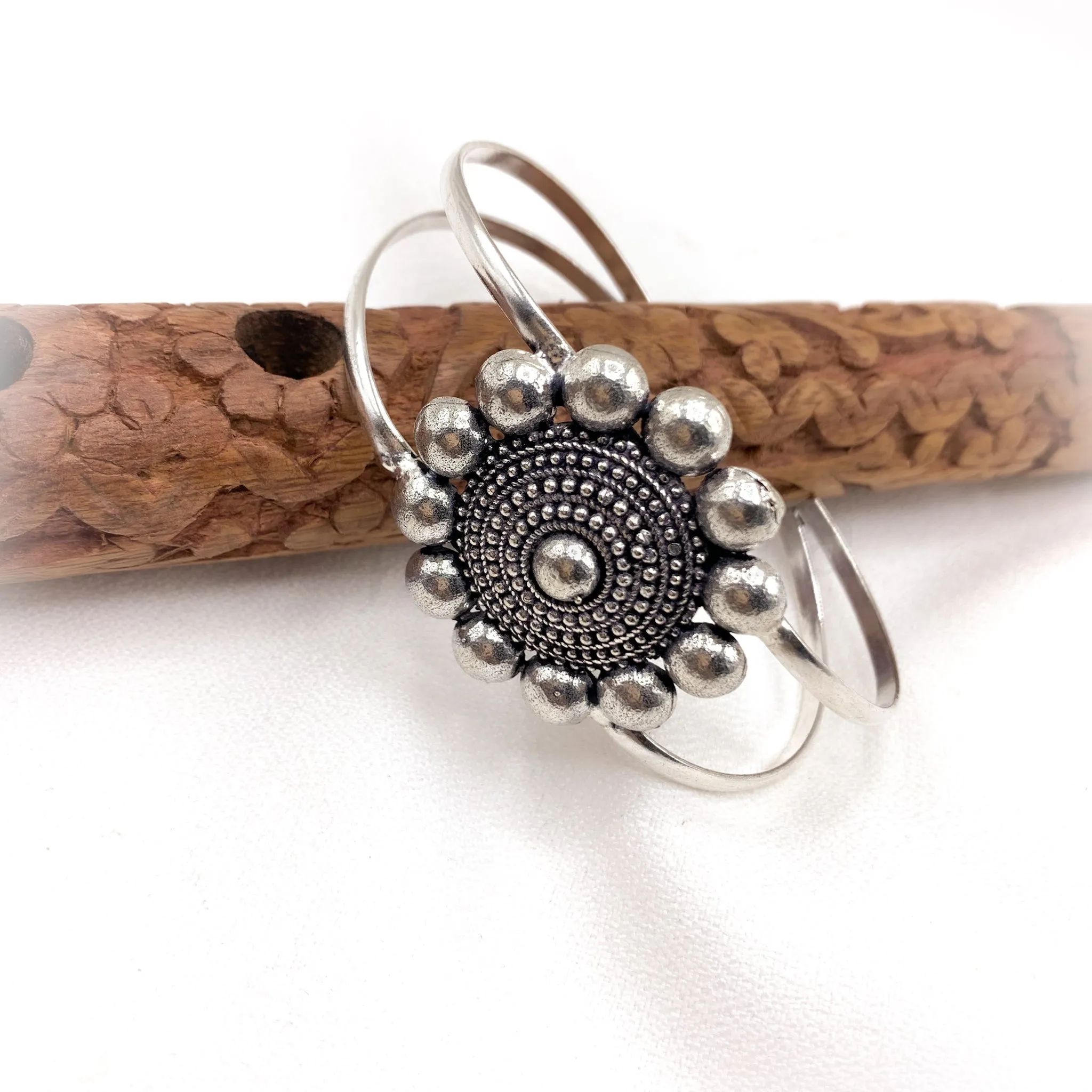 Chic Big Floral Oxidized Silver Kada Bangle