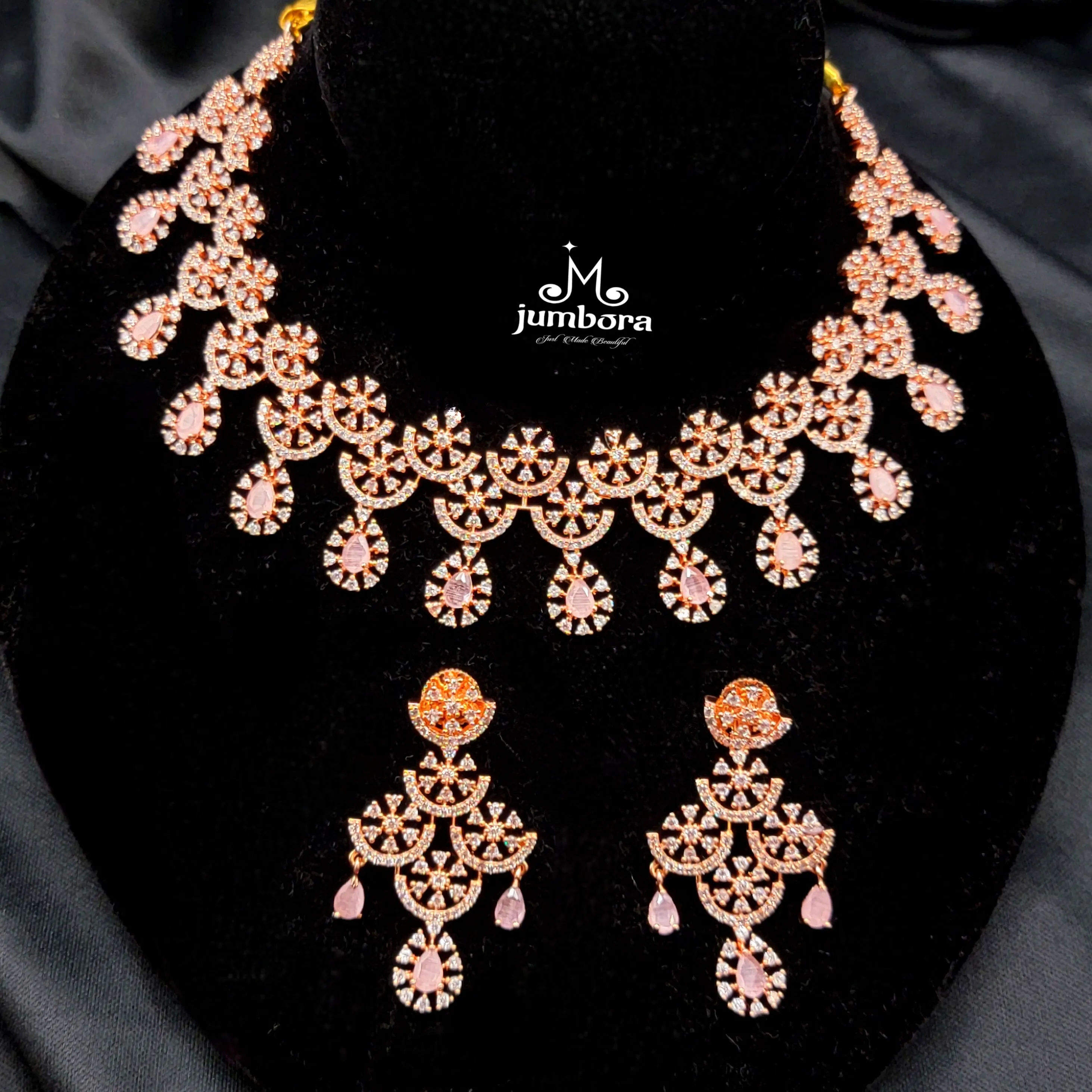 Contemporary Rose Gold Pink & White AD Zircon Necklace Set