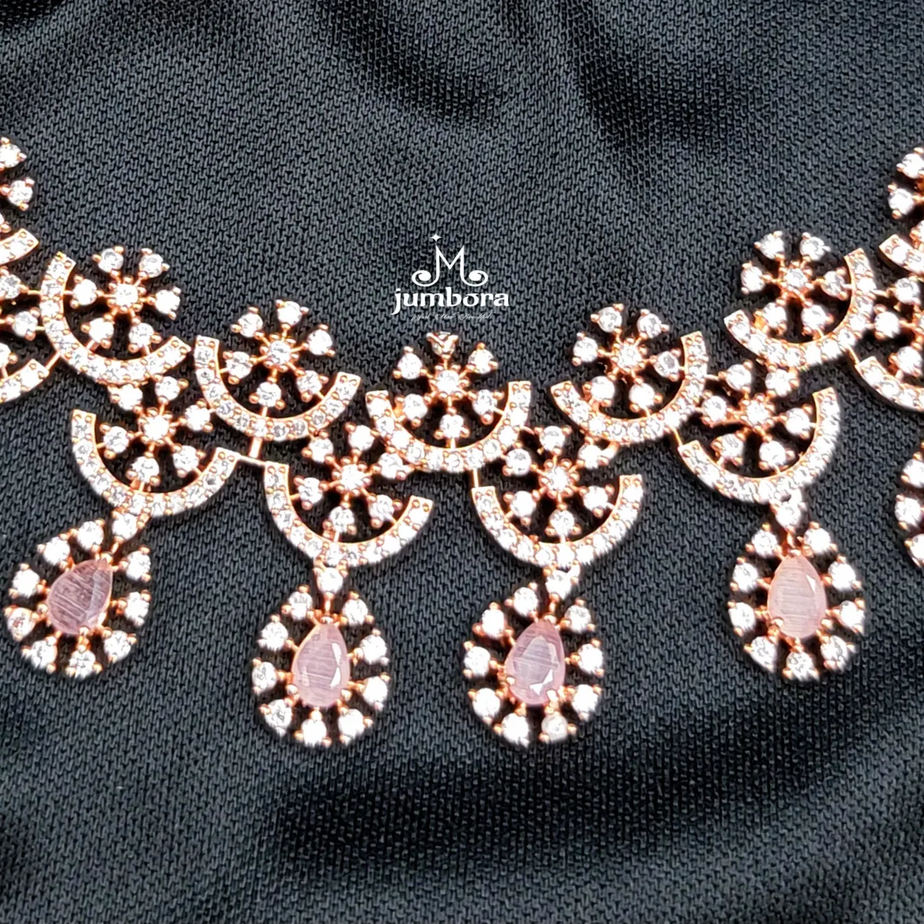 Contemporary Rose Gold Pink & White AD Zircon Necklace Set