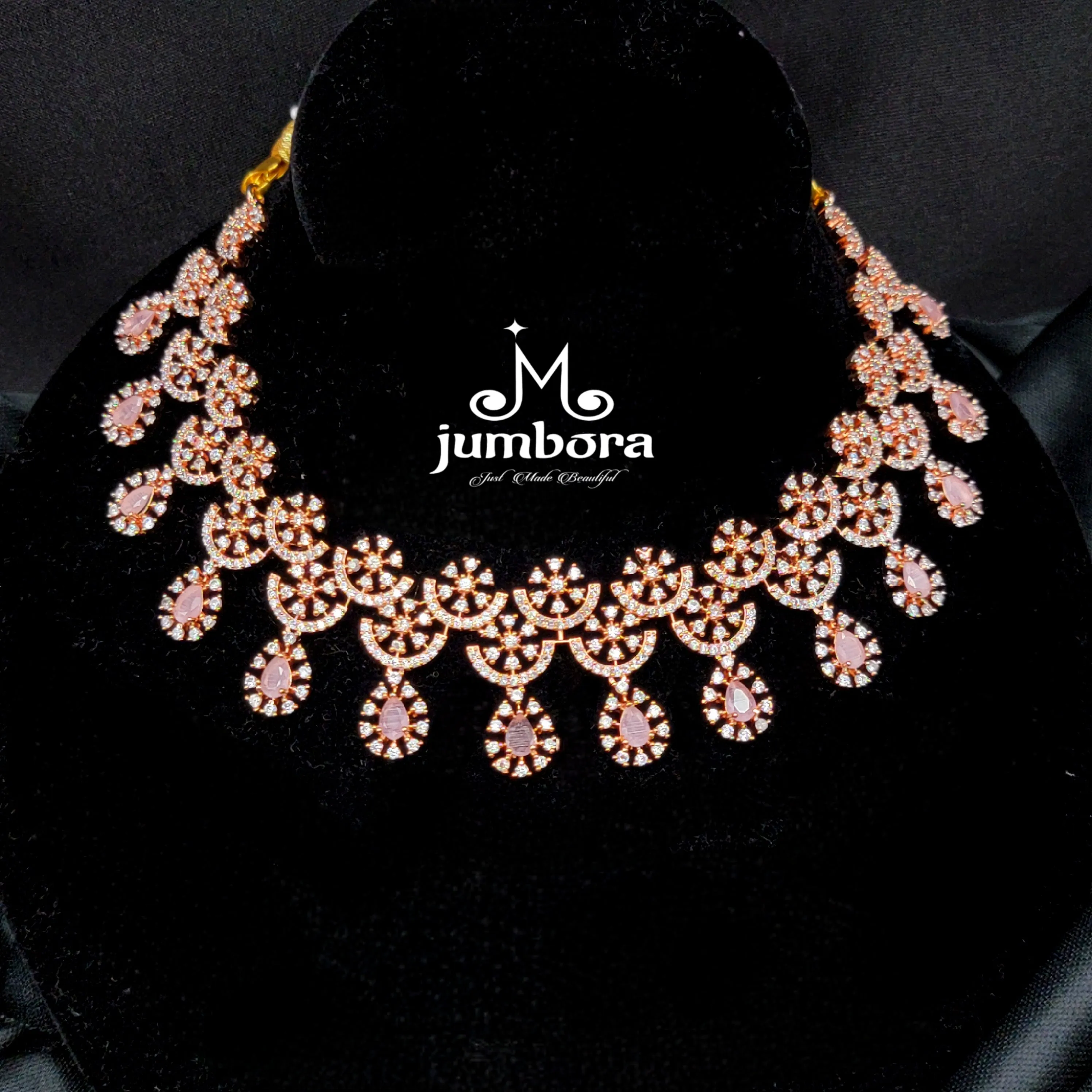 Contemporary Rose Gold Pink & White AD Zircon Necklace Set