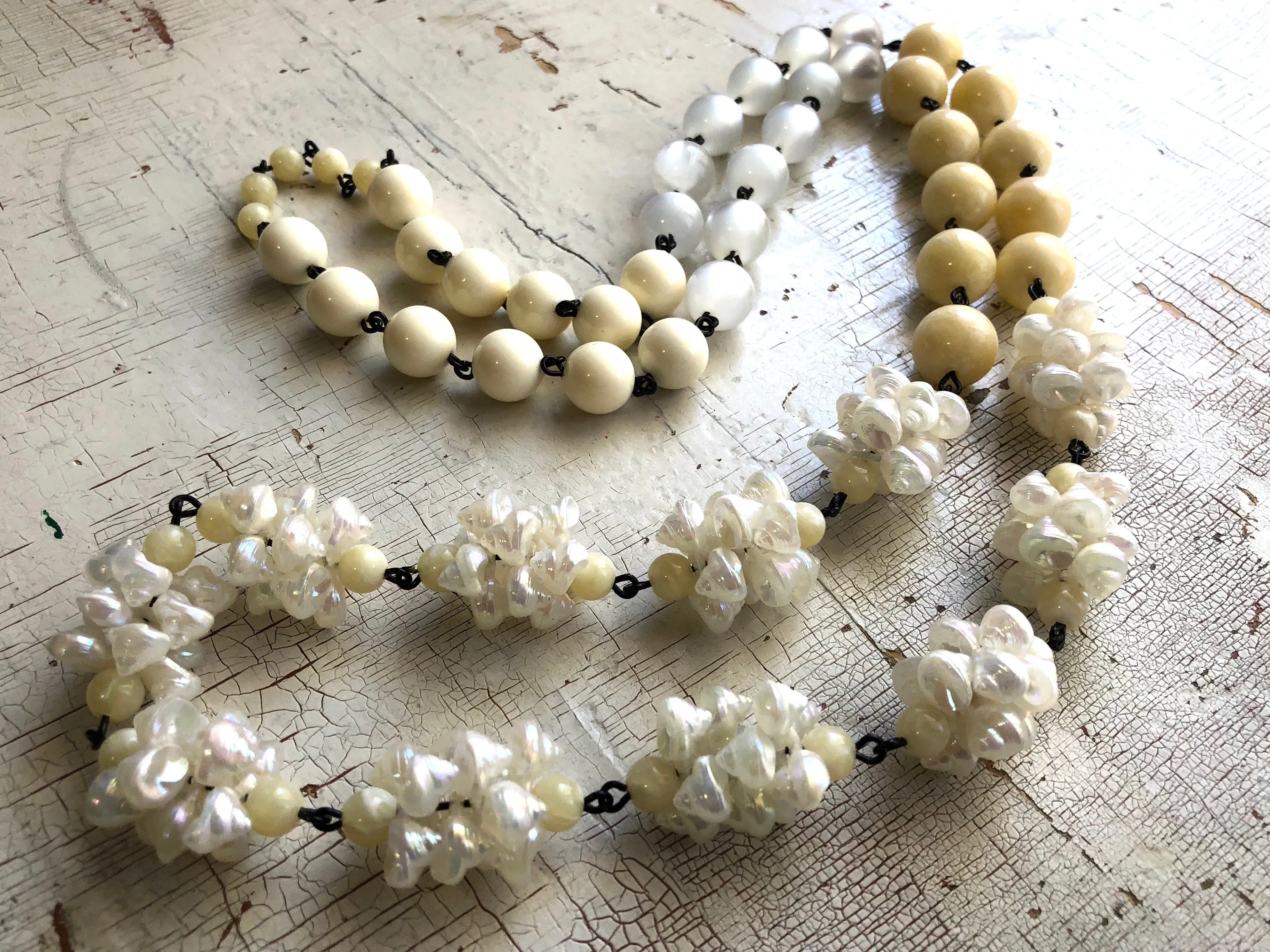 Cream & White Seashell Rosary Chain Rope Necklace