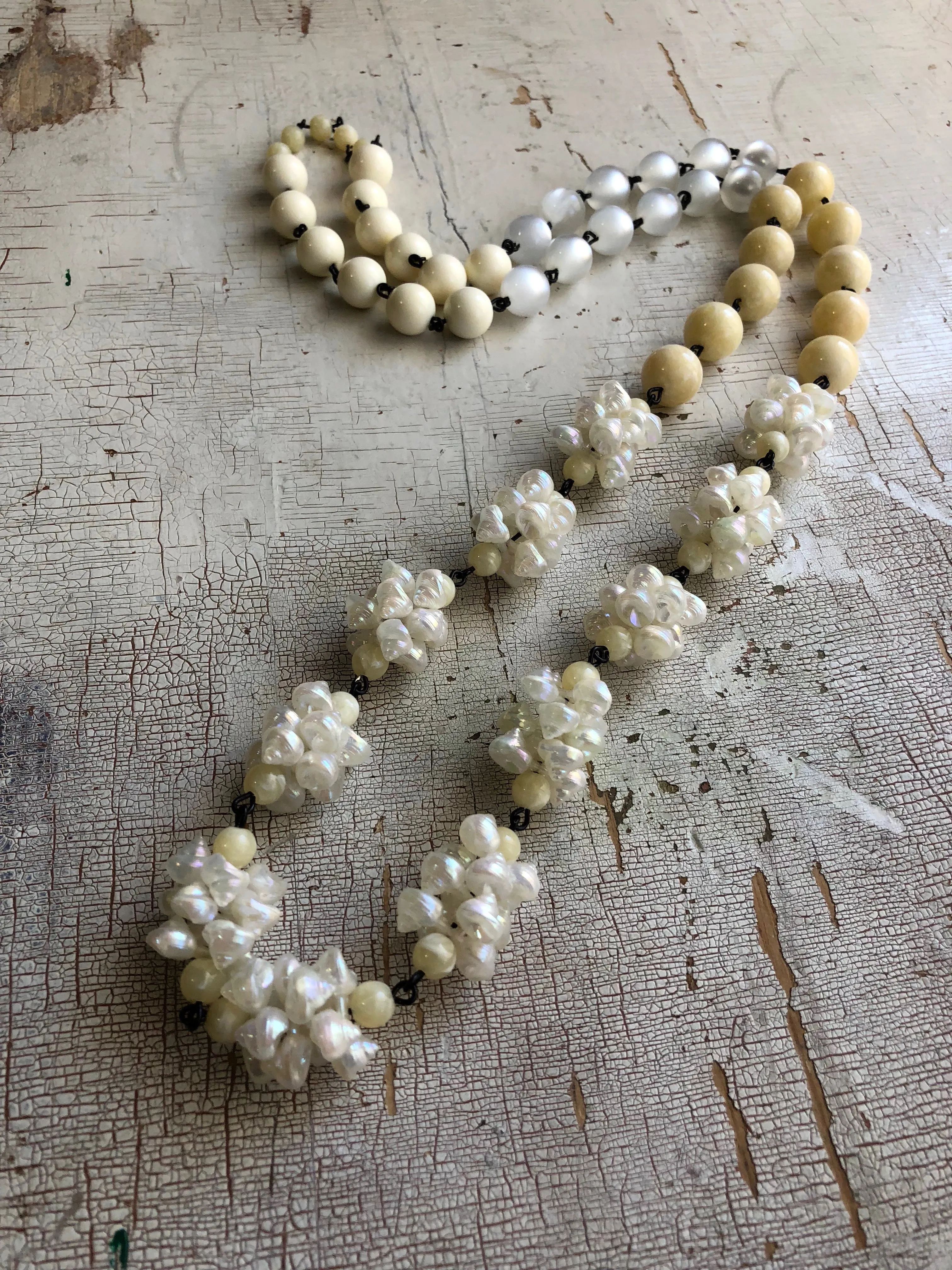 Cream & White Seashell Rosary Chain Rope Necklace