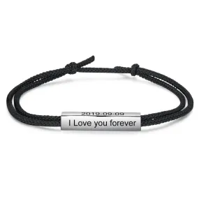 Customized Black Adjustable Rope Chain Bracelet Personalized Name Engraved Bar Bracelet for Men Fashion Gift for Him