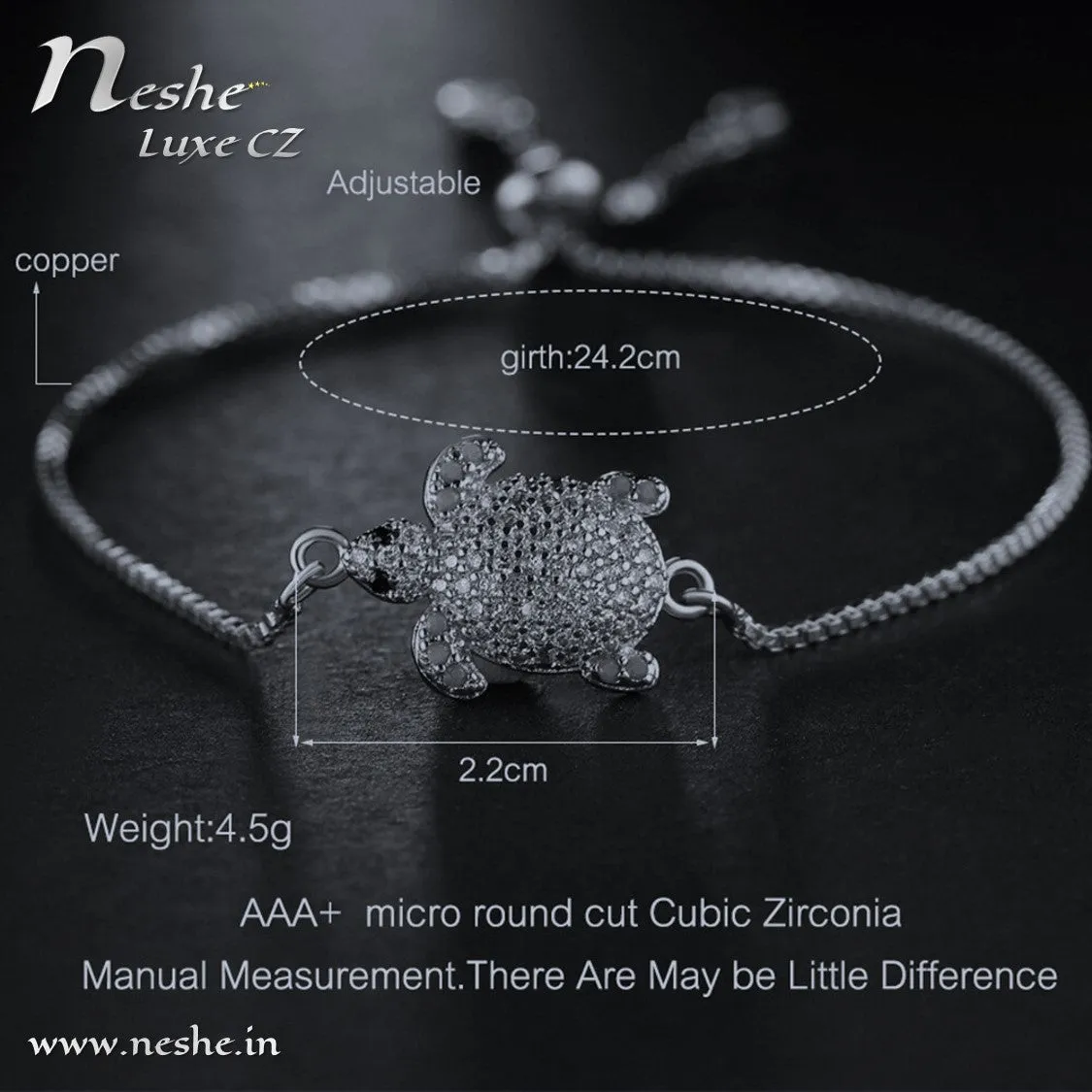 CZ  Tortoise Charm Adjustable Bracelet