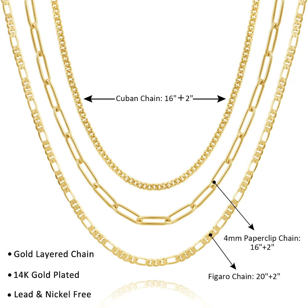 Dainty 14K Gold Layered Necklaces- Cuban Figaro 4mm Paperclip