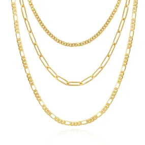 Dainty 14K Gold Layered Necklaces- Cuban Figaro 4mm Paperclip