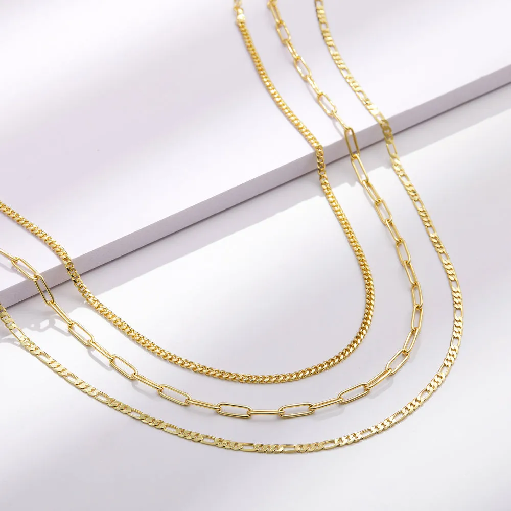 Dainty 14K Gold Layered Necklaces- Cuban Figaro 4mm Paperclip