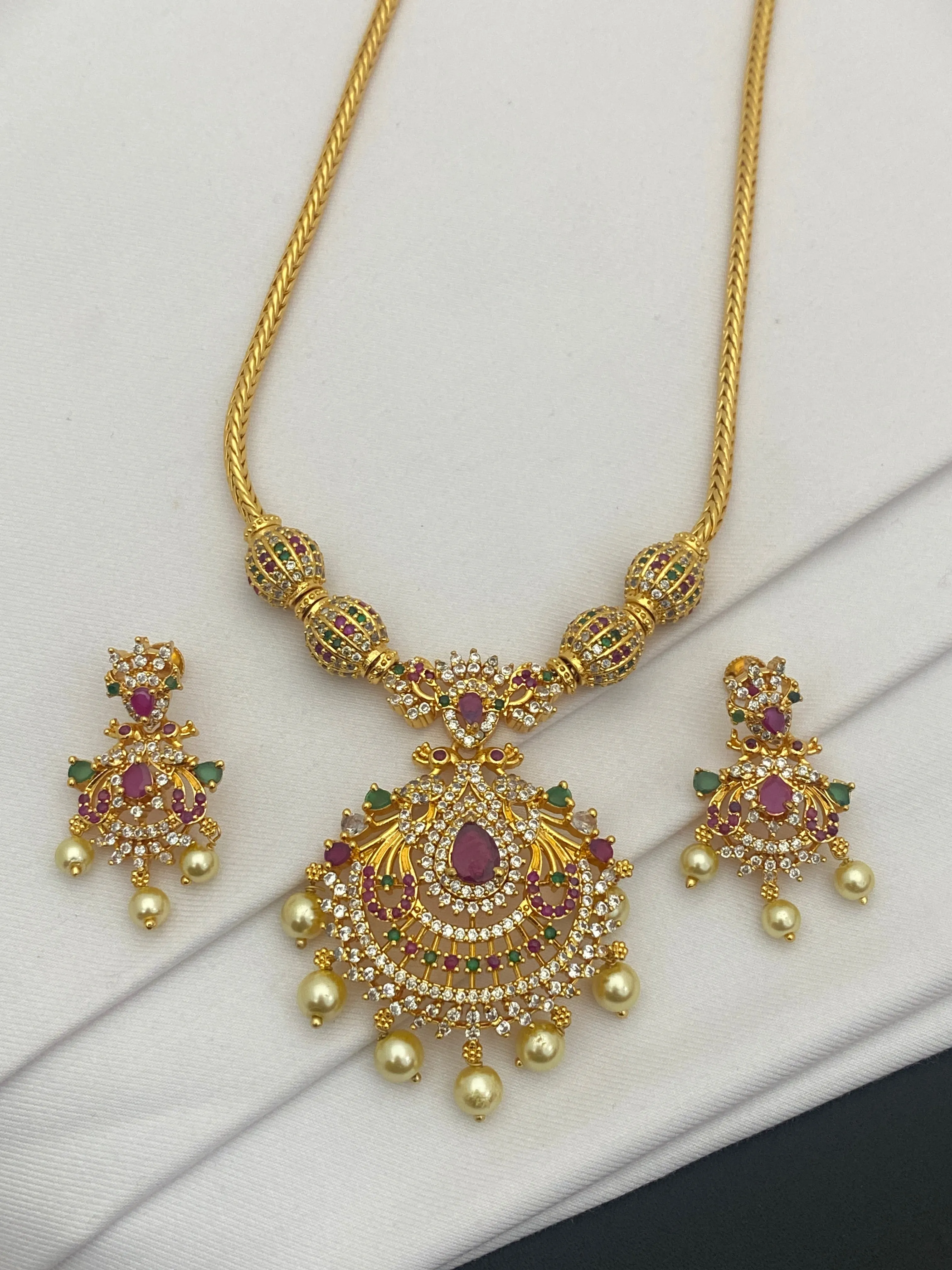 Dazzling Gold Plated Peacock Designer Chain And Earring Set With Multi Color