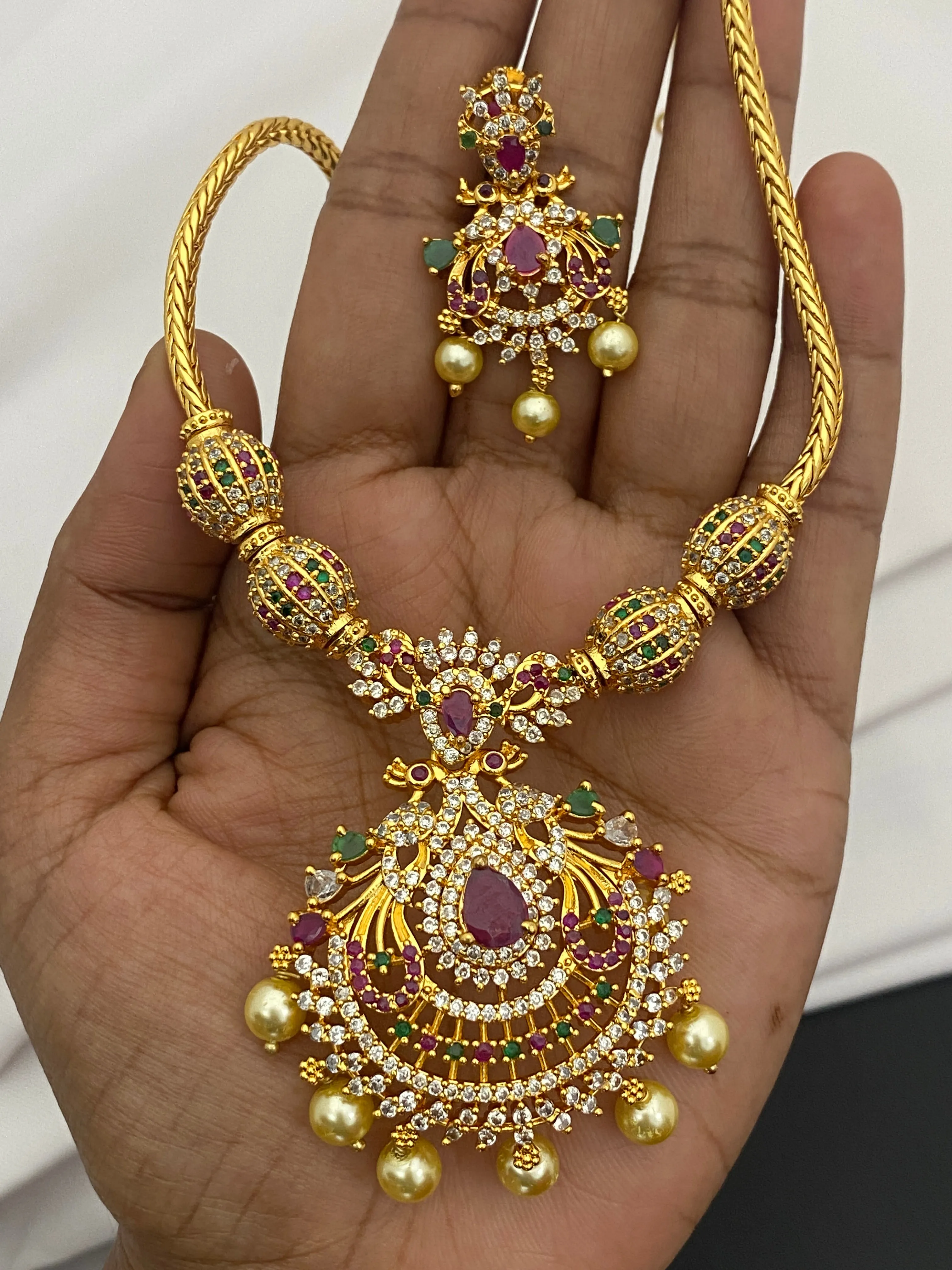 Dazzling Gold Plated Peacock Designer Chain And Earring Set With Multi Color