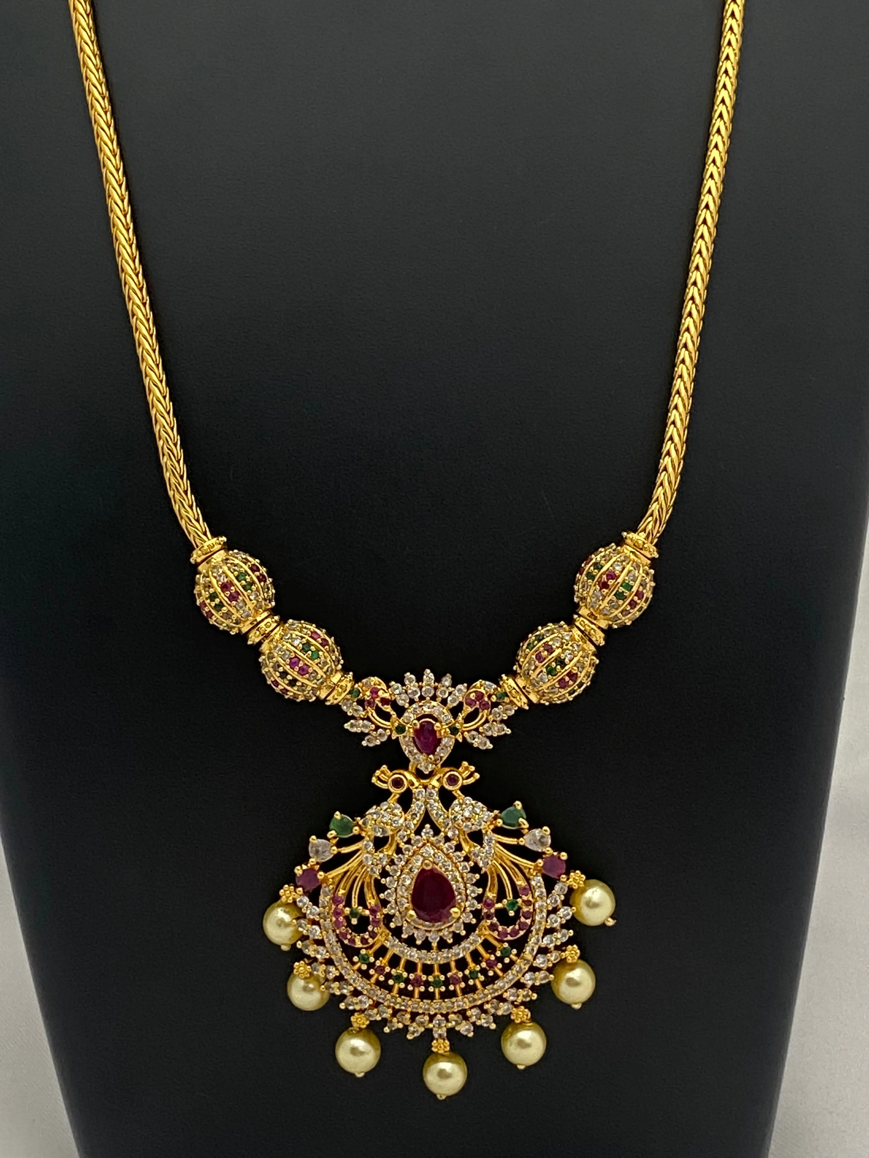 Dazzling Gold Plated Peacock Designer Chain And Earring Set With Multi Color