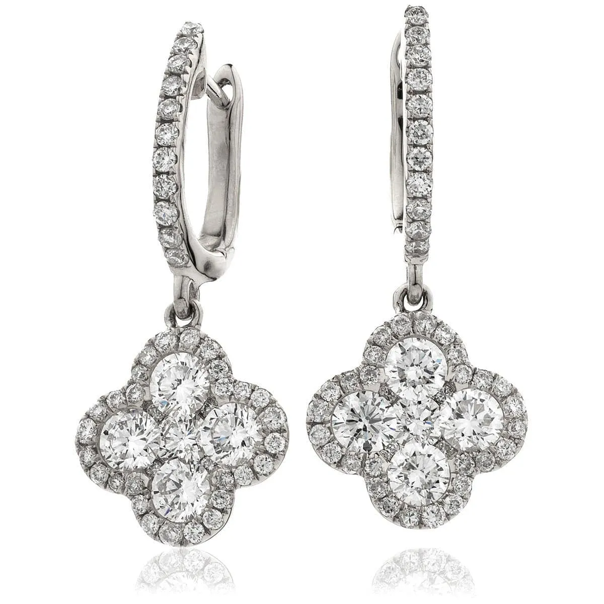 DIAMOND CLUSTER AND HALO DROP EARRINGS IN 18K WHITE GOLD