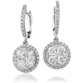 DIAMOND CLUSTER AND HALO DROP EARRINGS IN 18K WHITE GOLD