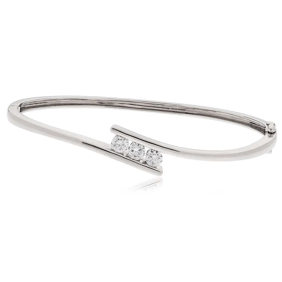 DIAMOND THREE STONE CROSS OVER BANGLE IN 9K WHITE GOLD