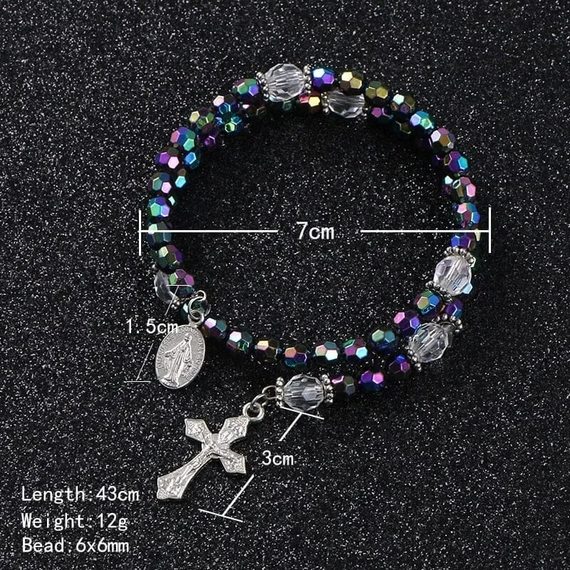 Double Layer Colored Beads Cross and Pendant WWJD Bracelet