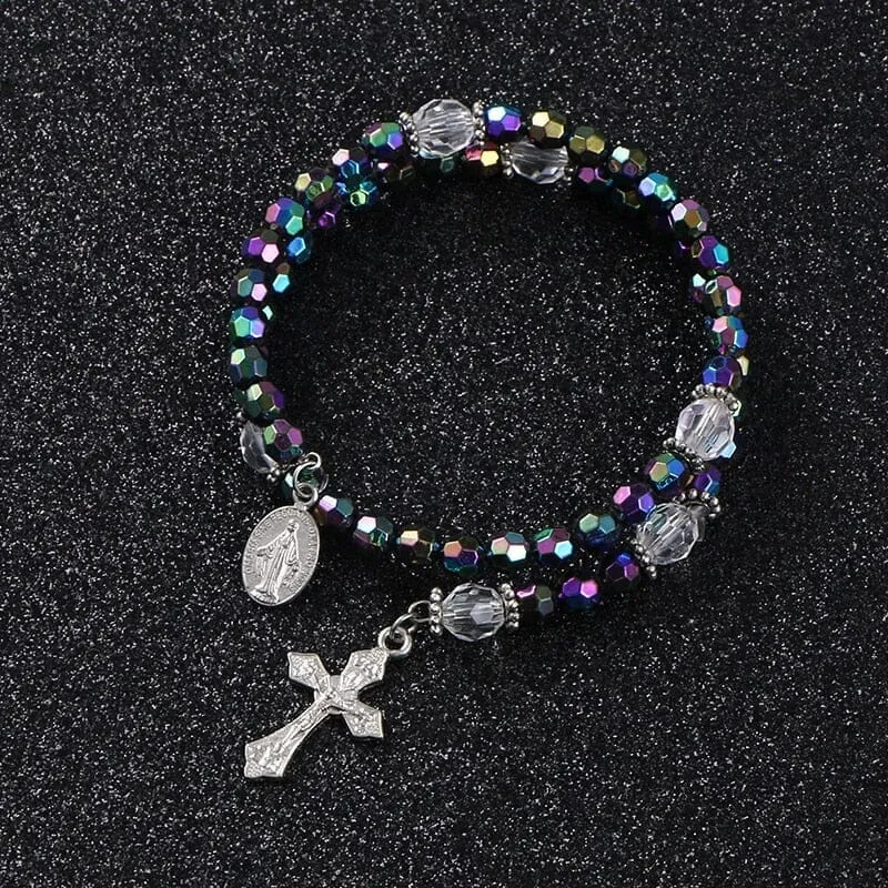 Double Layer Colored Beads Cross and Pendant WWJD Bracelet