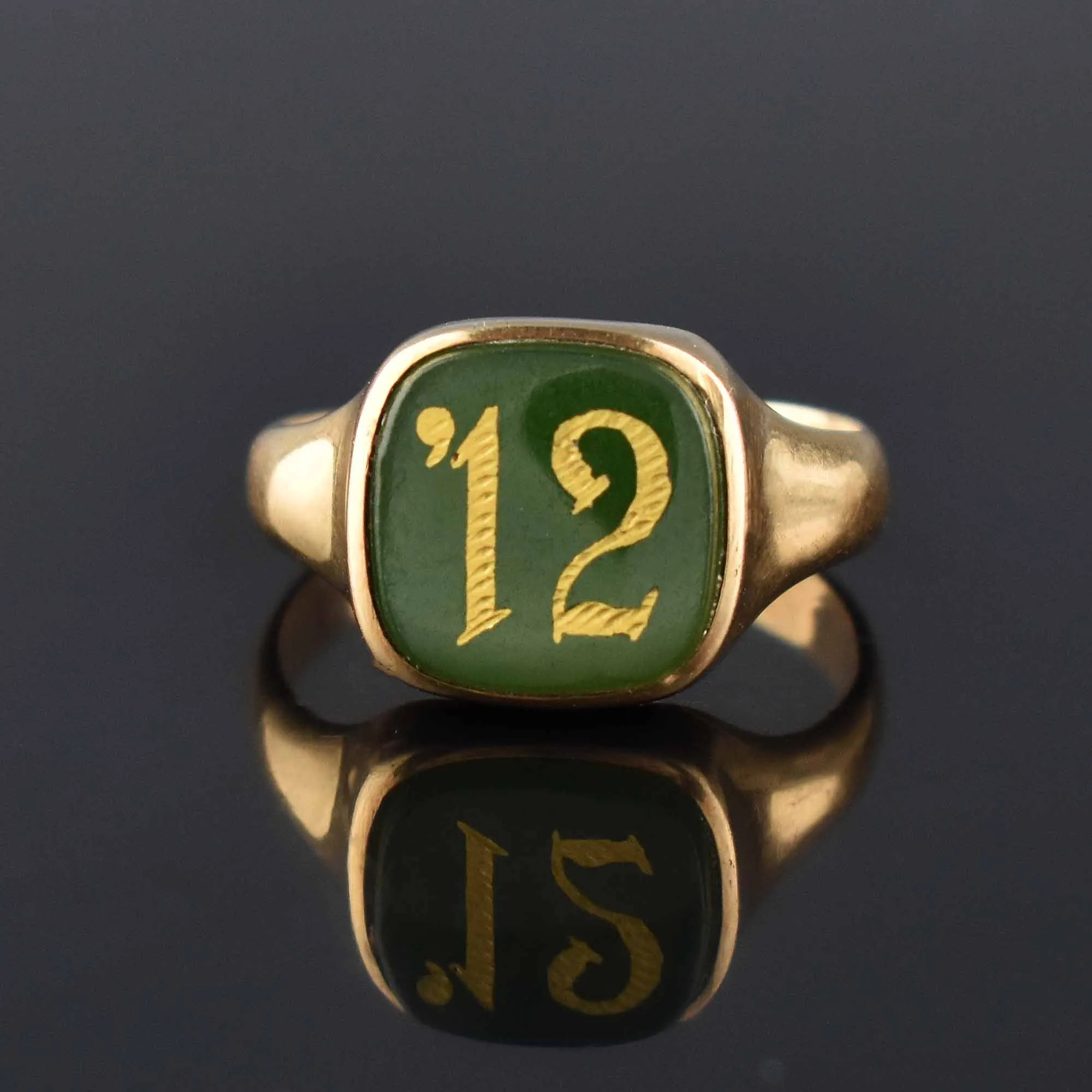 Edwardian Green Chalcedony Date Gold Signet Ring