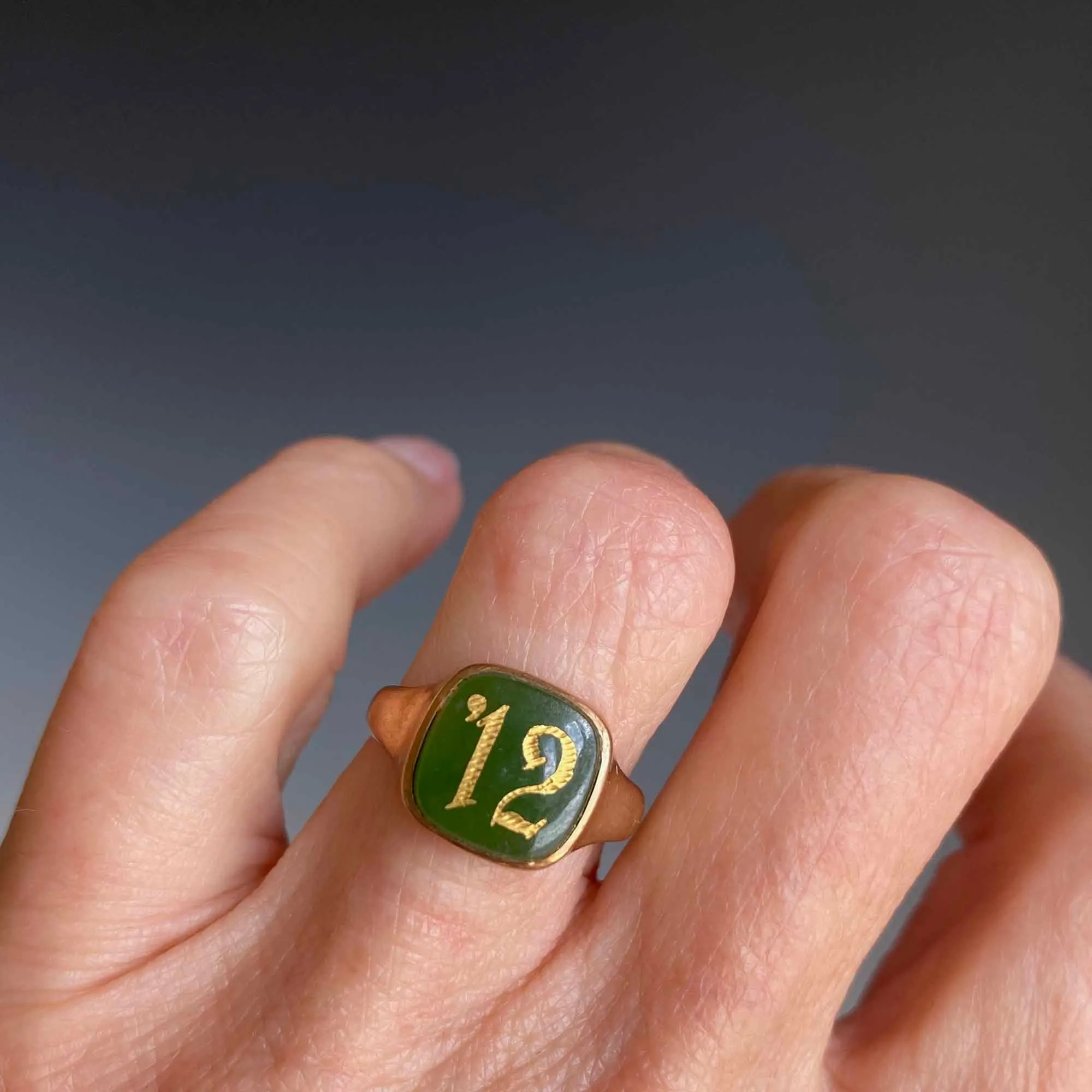 Edwardian Green Chalcedony Date Gold Signet Ring