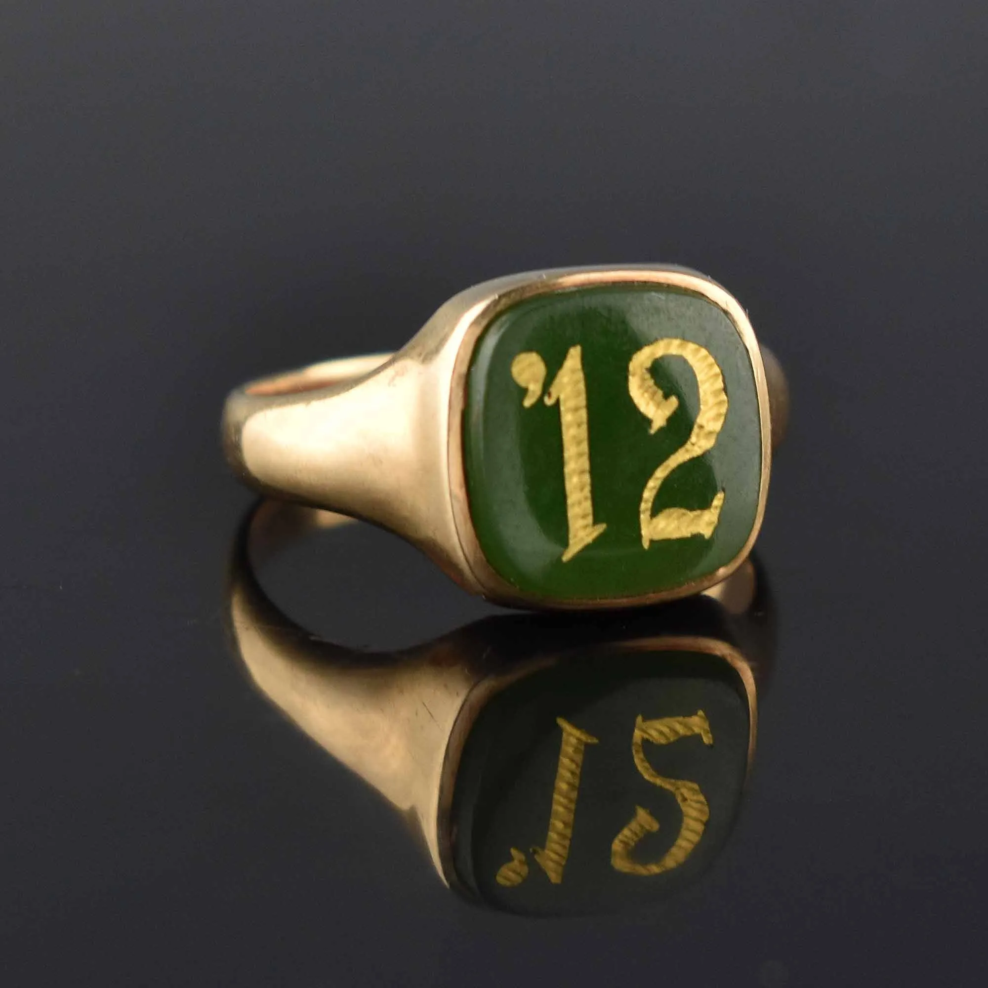 Edwardian Green Chalcedony Date Gold Signet Ring