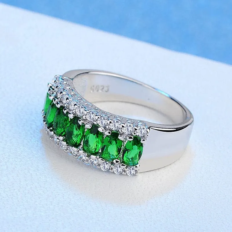 Emerald and Ruby Gemstone Silver Ring