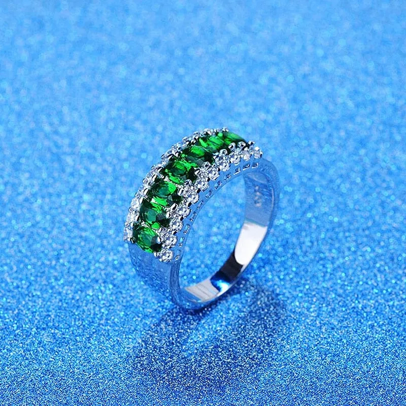 Emerald and Ruby Gemstone Silver Ring