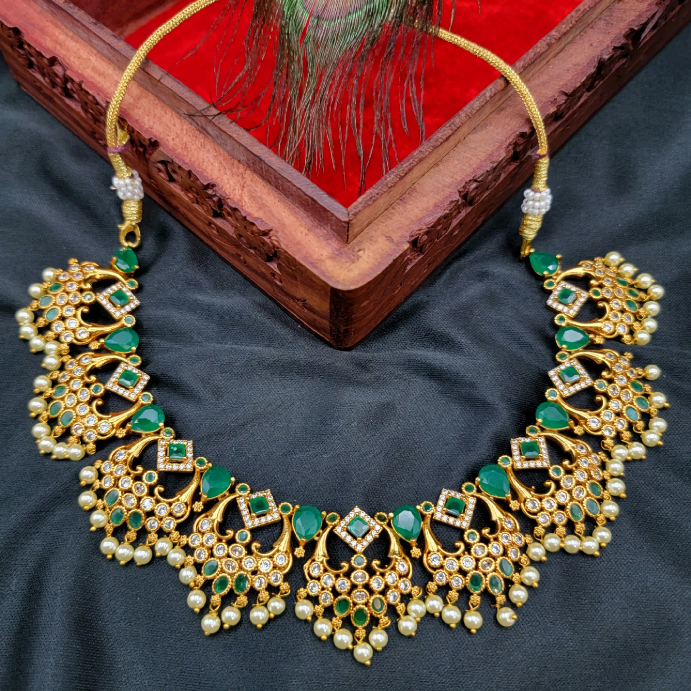 Emerald Green & White AD Zircon (CZ) Chaandbali Necklace