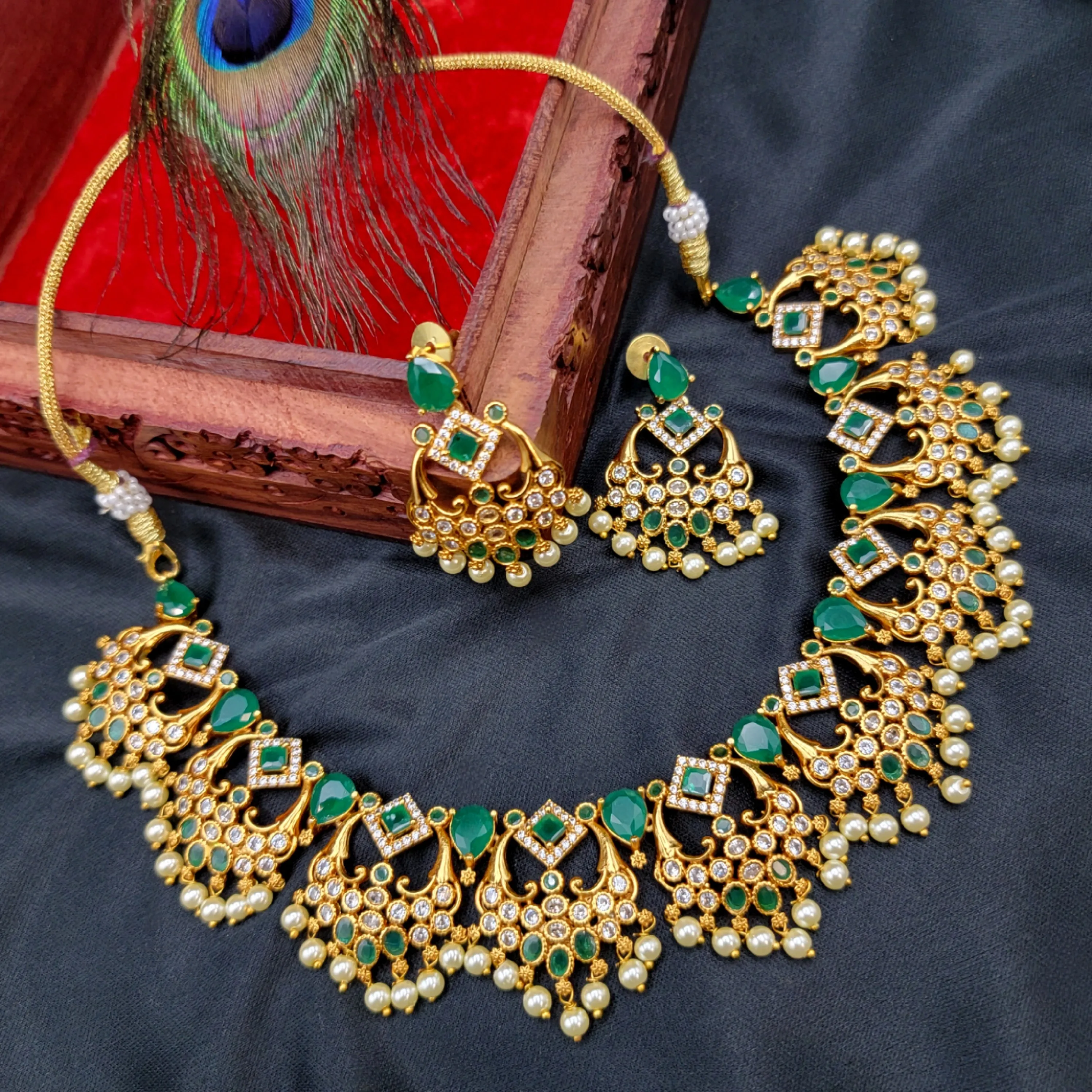 Emerald Green & White AD Zircon (CZ) Chaandbali Necklace