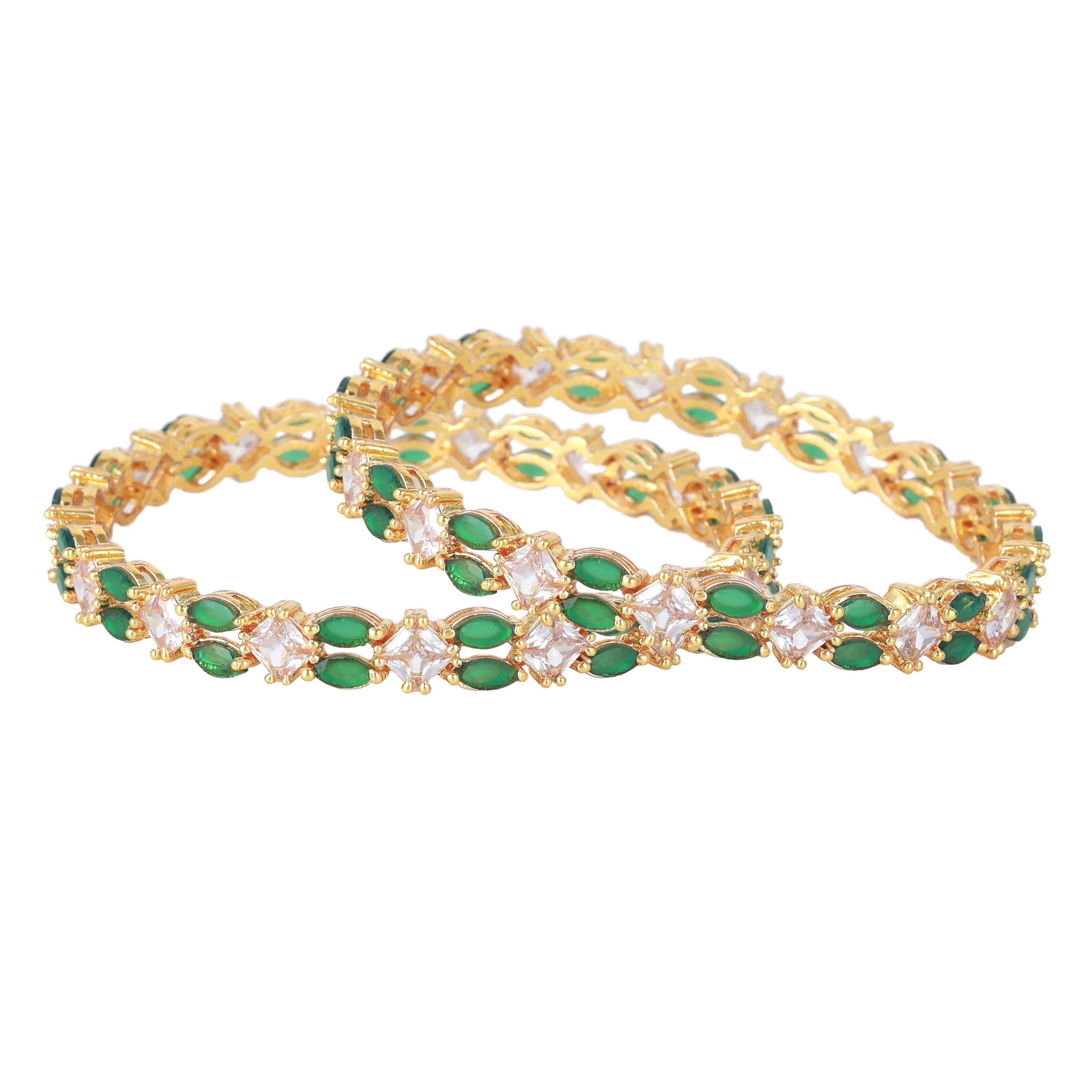 Estele Gold Plated CZ Striking Designer Bangles with Green & White Stones for Women