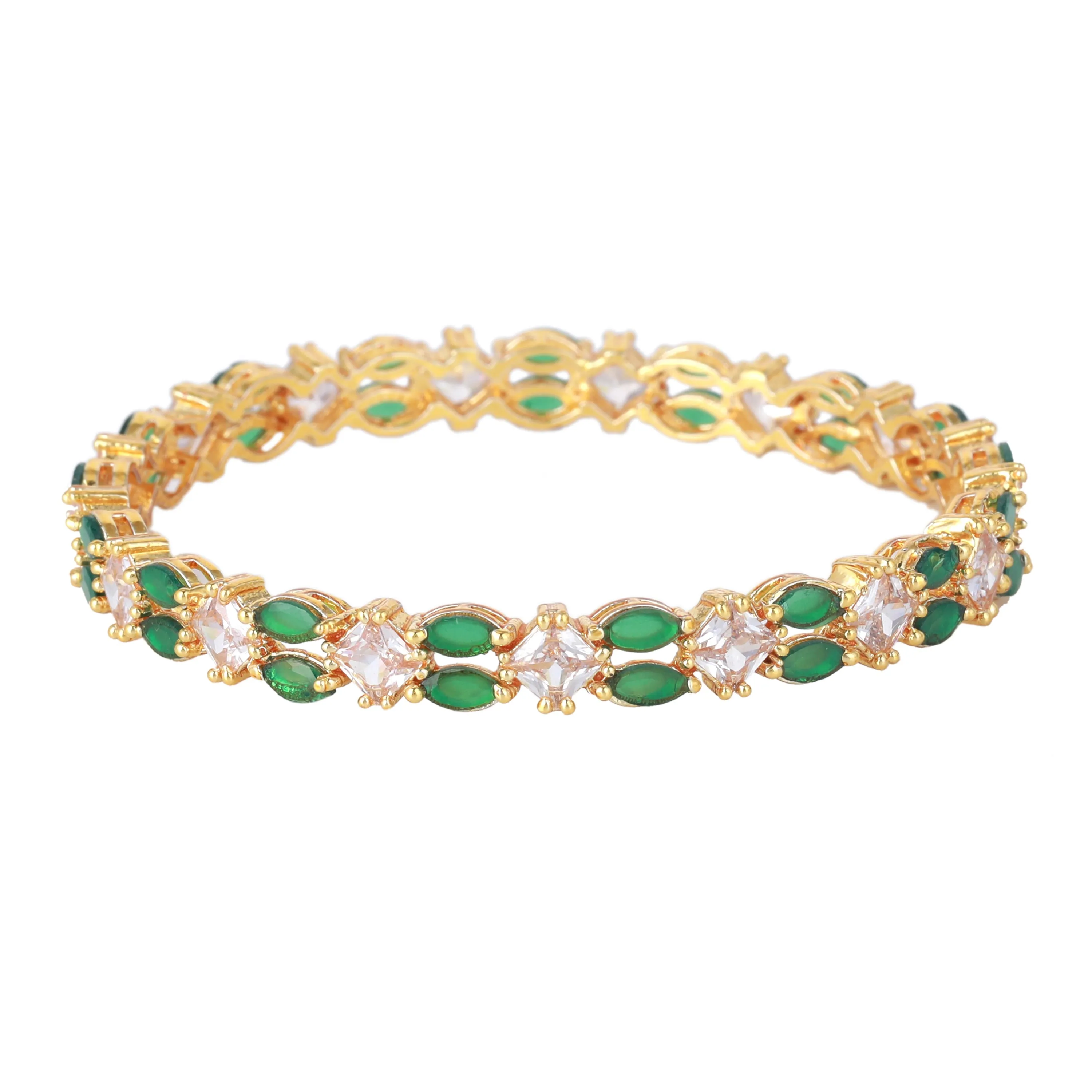 Estele Gold Plated CZ Striking Designer Bangles with Green & White Stones for Women