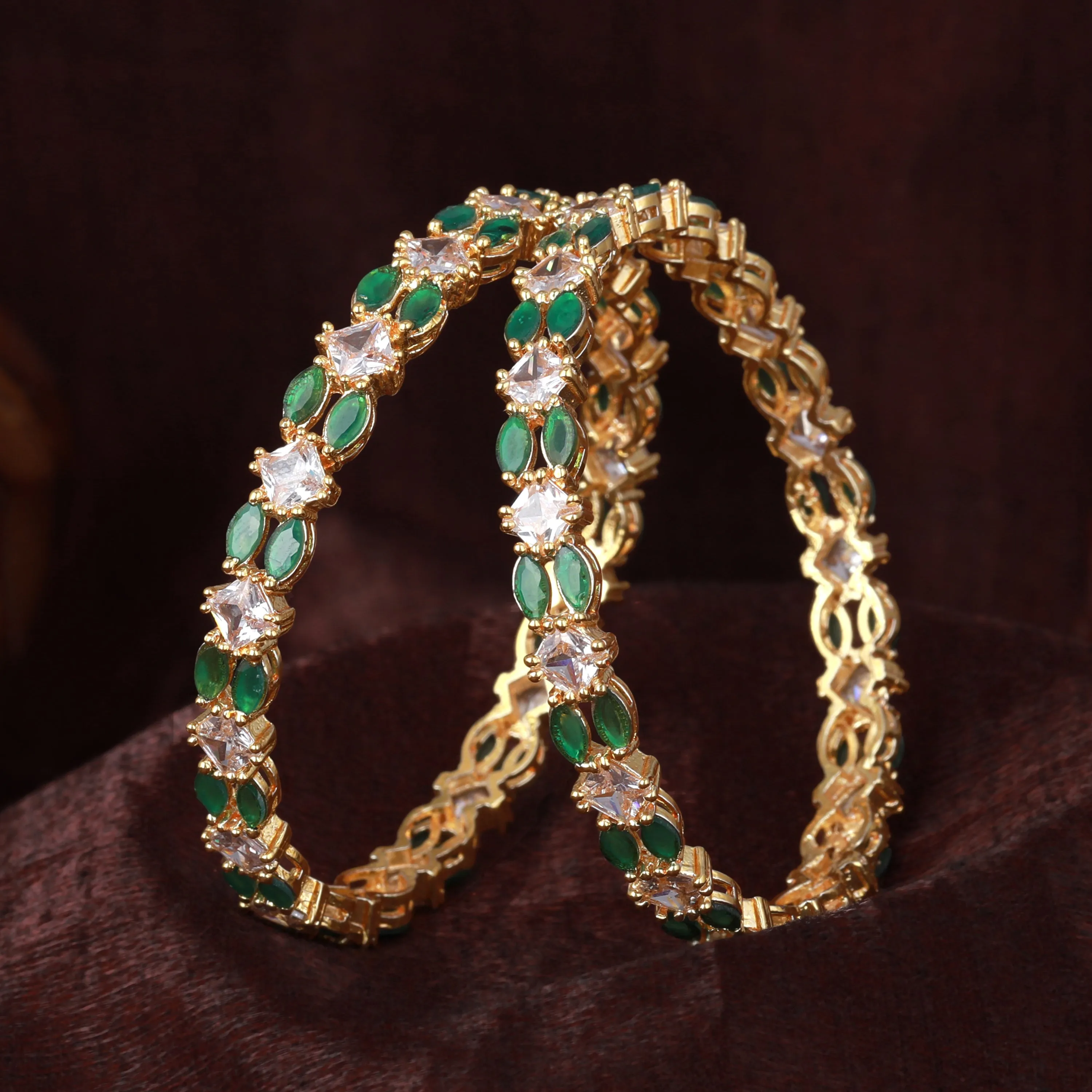 Estele Gold Plated CZ Striking Designer Bangles with Green & White Stones for Women