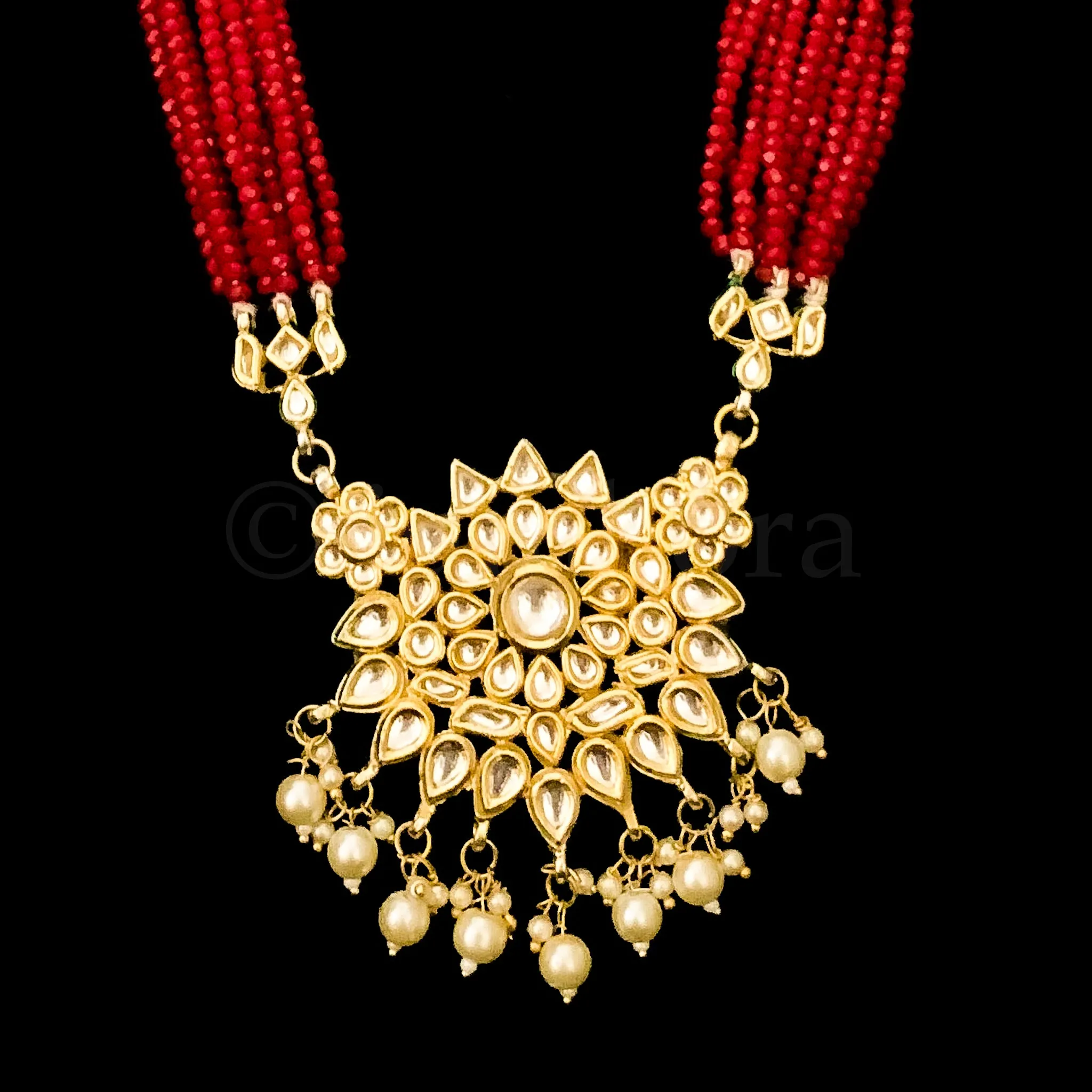 Exceptional Long Kundan Mala With Pearl and Brilliant Red Beads