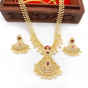 Exquisite White and Ruby Red Zircon (CZ) Stone Necklace set with Pearls