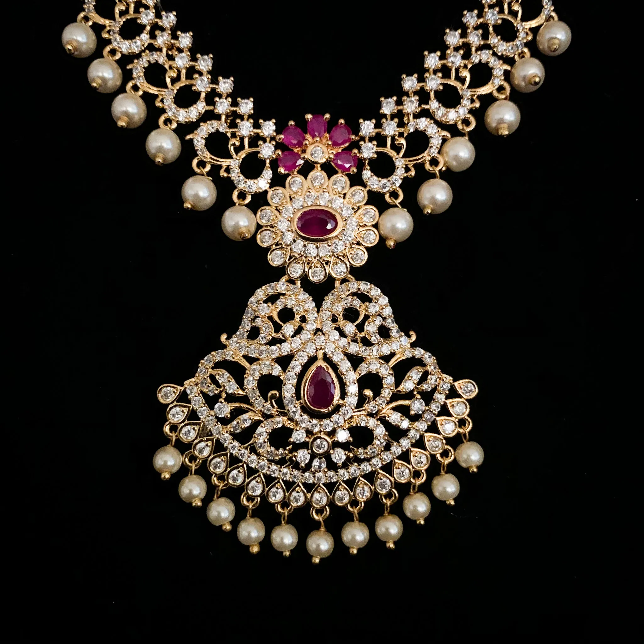 Exquisite White and Ruby Red Zircon (CZ) Stone Necklace set with Pearls