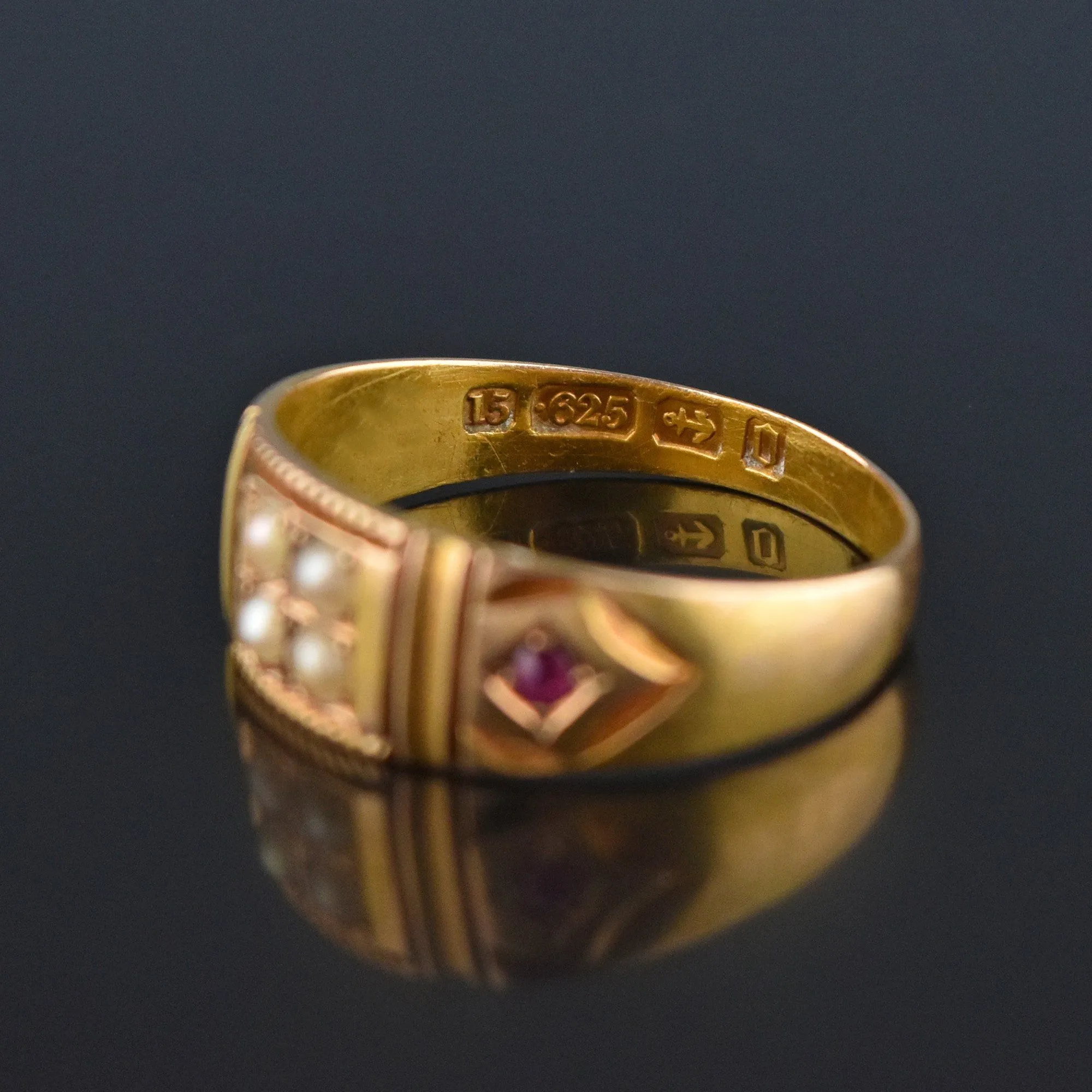 Final Payment Antique 15K Gold Ruby Pearl Gypsy Band Ring, C 1880s