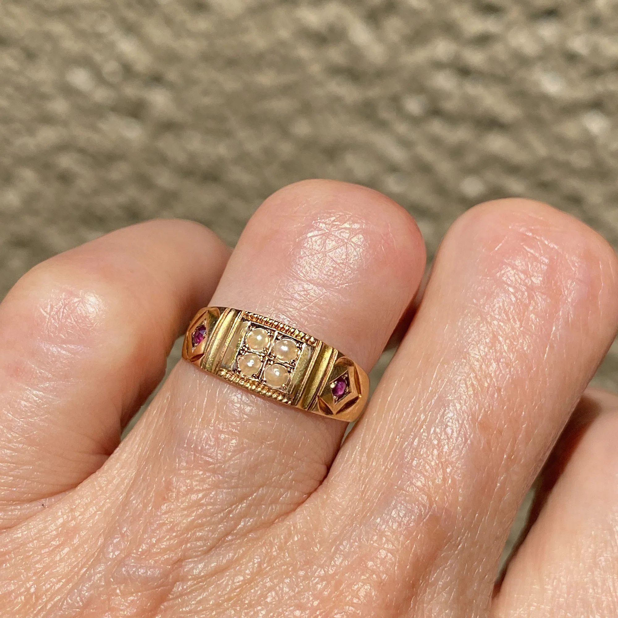 Final Payment Antique 15K Gold Ruby Pearl Gypsy Band Ring, C 1880s